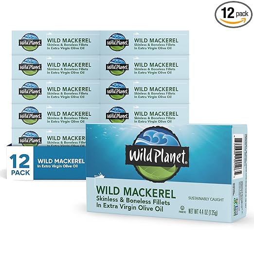 Wild Planet Wild Mackerel Fillets in Organic Extra Virgin Olive Oil, Skinless & Boneless, Tinned Fish, 4.4 Ounce ( Pack of 12)