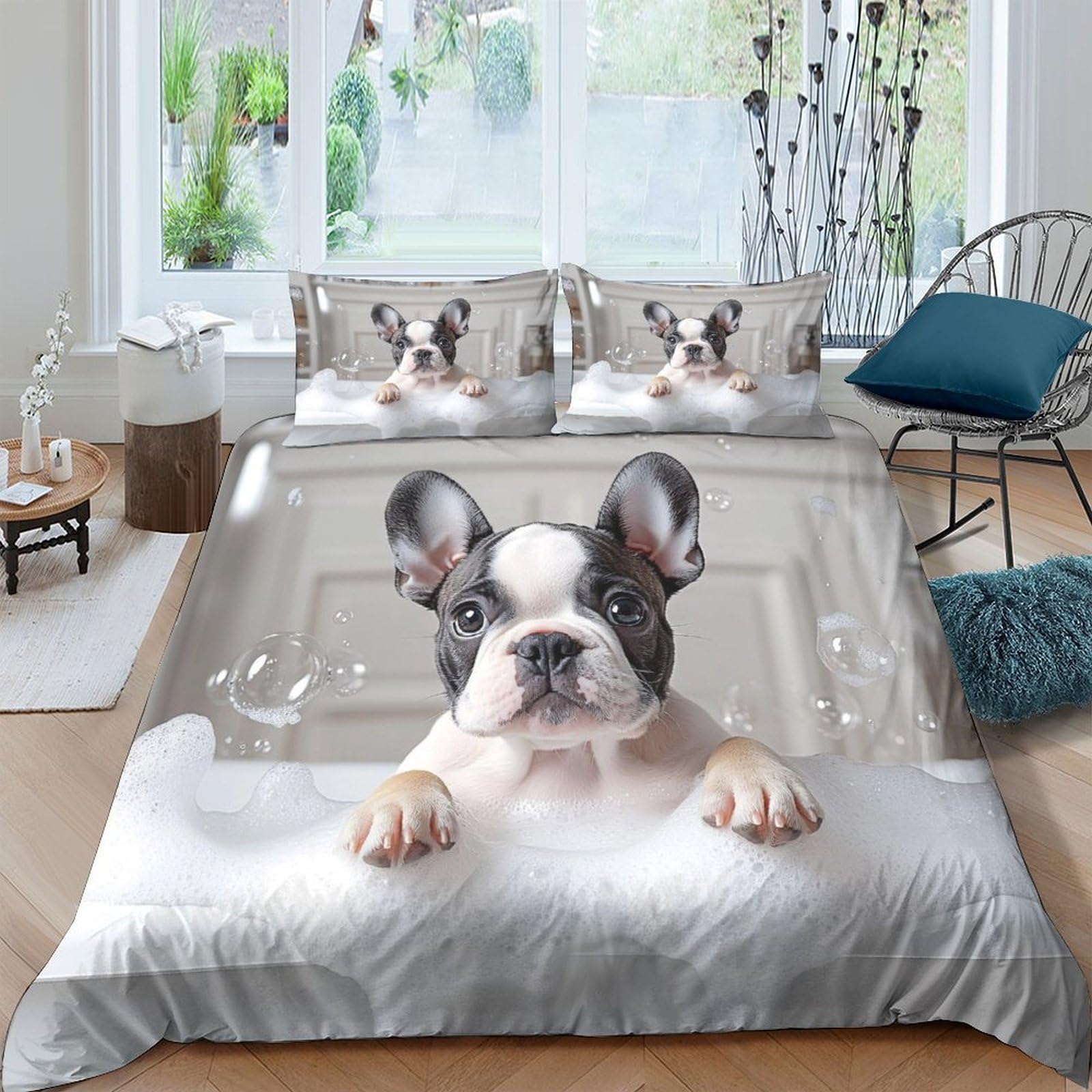 P5V6M1Q9 3D Printed French Bulldog Duvet Cover Microfiber Soft Breathable Puppy Bedding Set with 2 Pillowcases for Bedroom Decor Single（135x200cm）