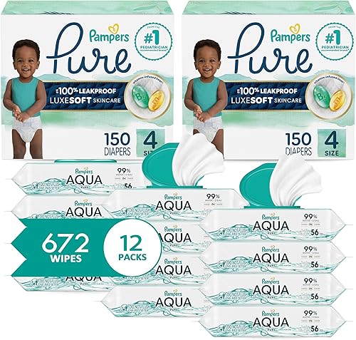 Pampers Pure Protection - Pañales desechables para bebé, talla 4, suministro de 2 meses (2 x 150 unidades) con toallitas para bebé Aqua Pure