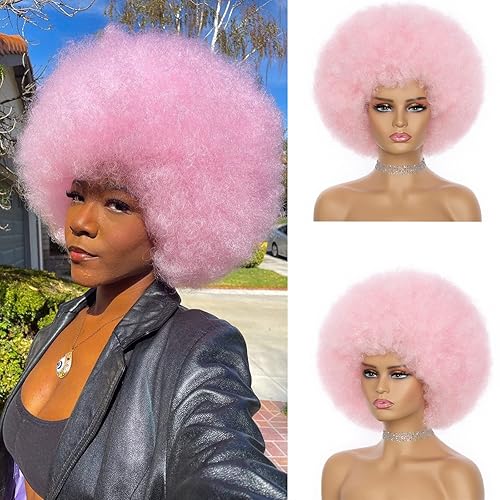 Peluca rizada afro rosa de los años 70 para mujer, suave, flexible, de aspecto natural, peluca de pelo sintético con flequillo