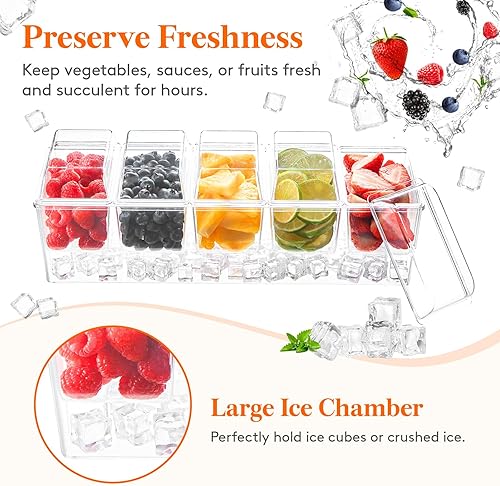 Miniatura 2 de Lifewit Bandeja de condimentos enfriada con hielo con 5 recipientes (2.5 tazas), servidor de condimentos con tapas separadas, bandeja para servir
