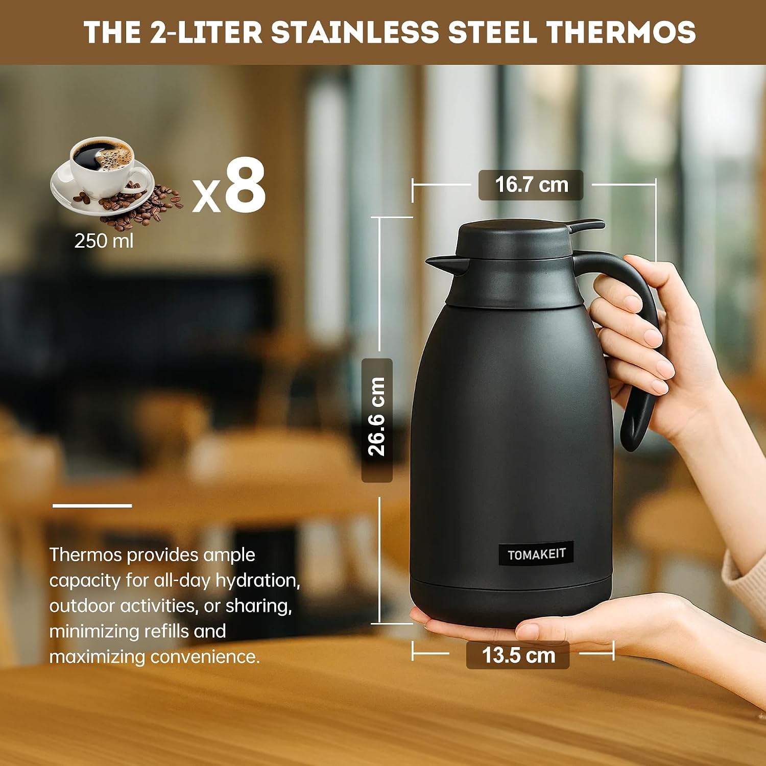 TOMAKEIT Thermal Coffee Carafe 2L/68 Oz Double-Wall Vacuum 304 Stainless Steel Insulated Thermoses Flask, 24-Hour Keeps Hot/Cold, Leak-Proof, for Travel, Work, Outdoor, BPA-Free, Easy to Clean