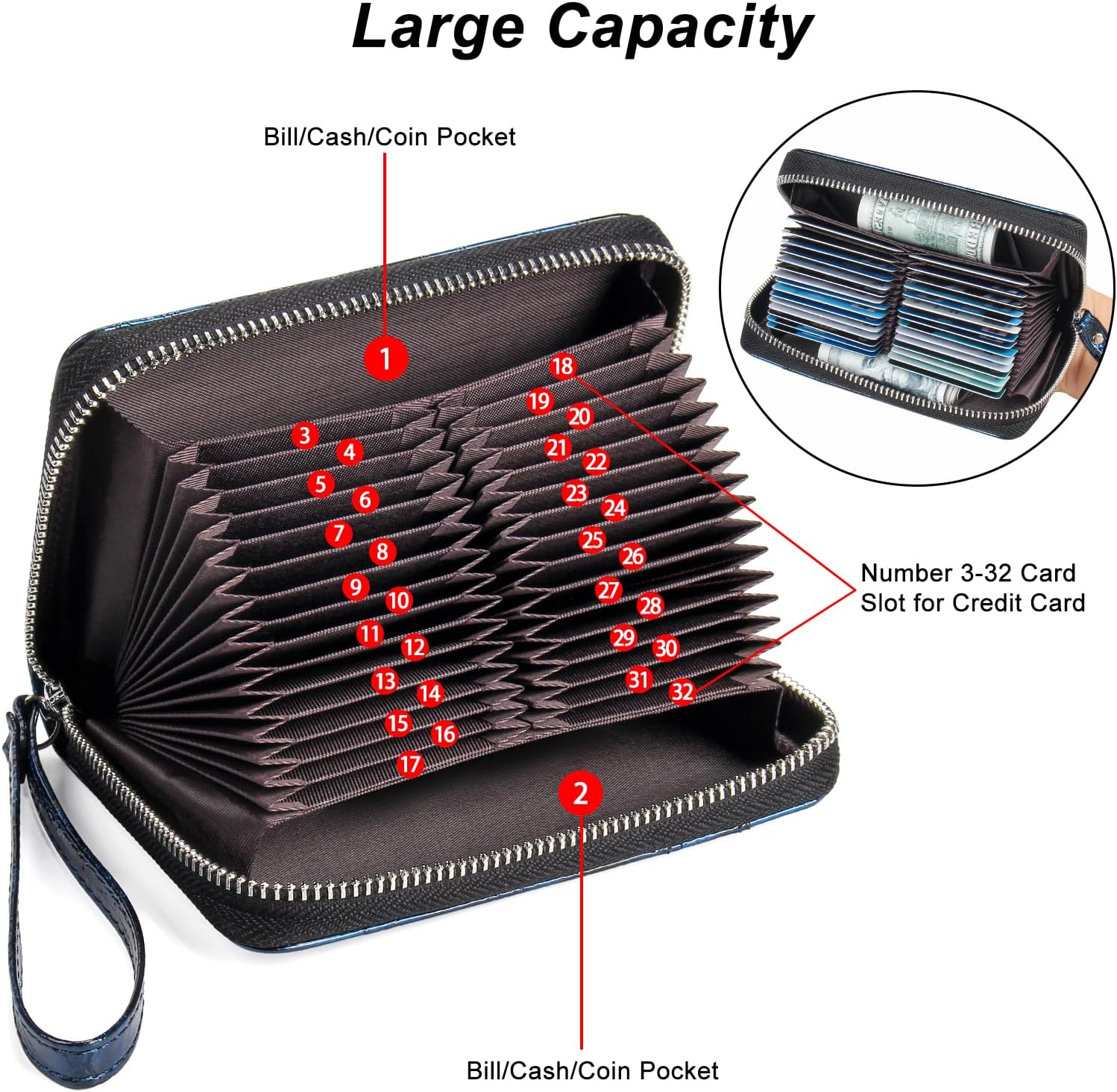 EcoVision RFID Credit Card Holder Wallets for Women Large Storage Space Accordion Zipper Card Case Holder,Leather Organizer Case with Lanyard - Image 2