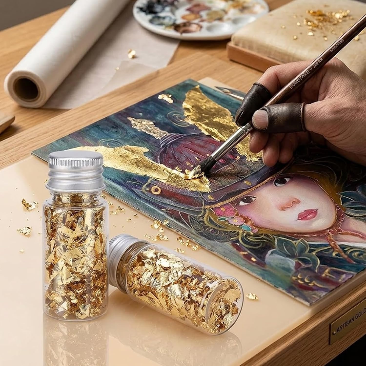 Lwuey Decorating Flakes, Gold Leaf Cake Decoration Flake Goldlen Toppers Gilding Foil Decor Imitation Metallic Decorative Drink Cooking Chocolates Cakes Drinks Dessert Cupcake Makeup 2PCS