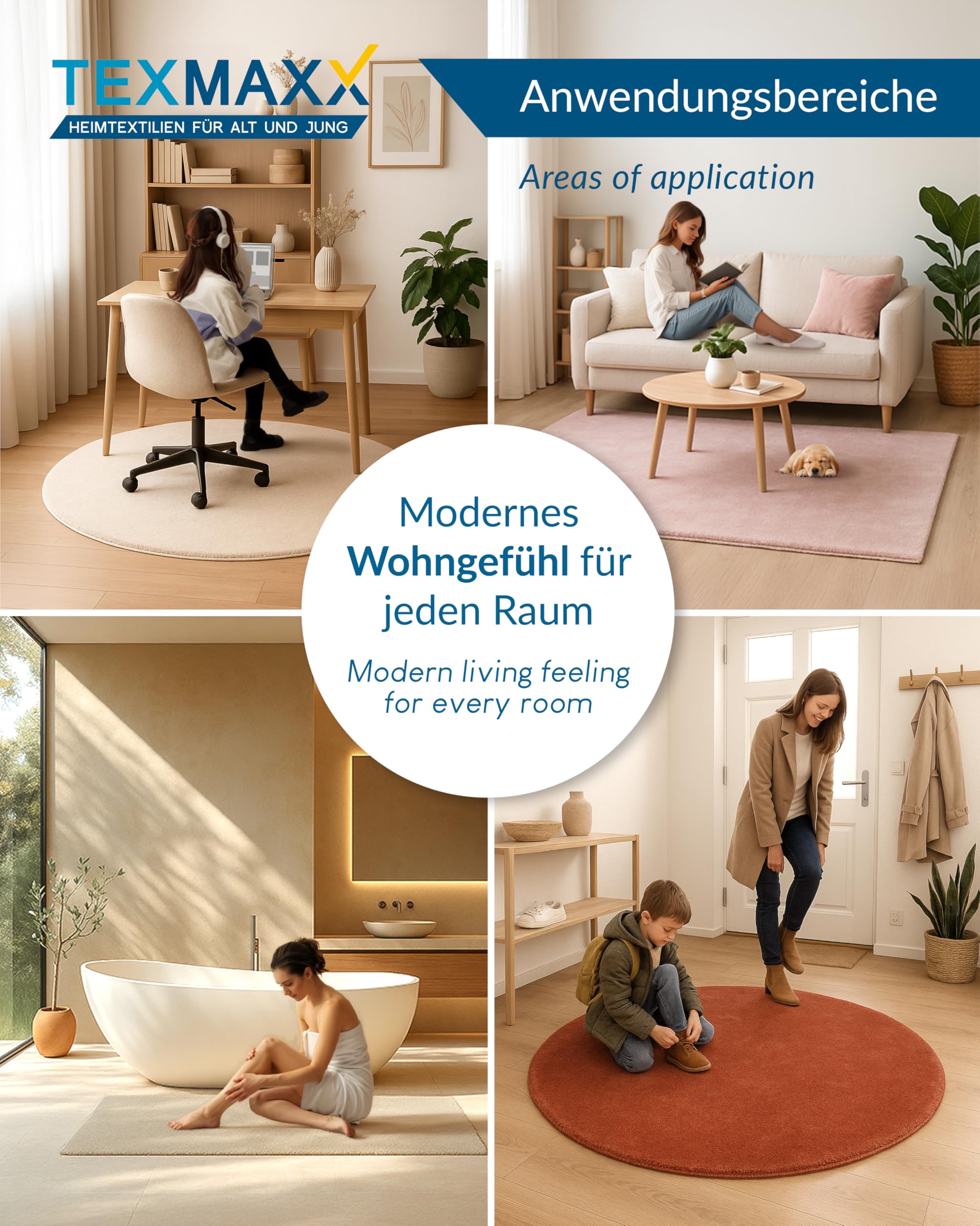 TEXMAXX Weicher Kurzflor Teppich Wohnzimmer mit rutschhemmender Rückseite (120 x 120 cm Rund) - Modern für Flur, Esszimmer und als Schlafzimmer Teppich in Beige - Waschbar bis 30 Grad