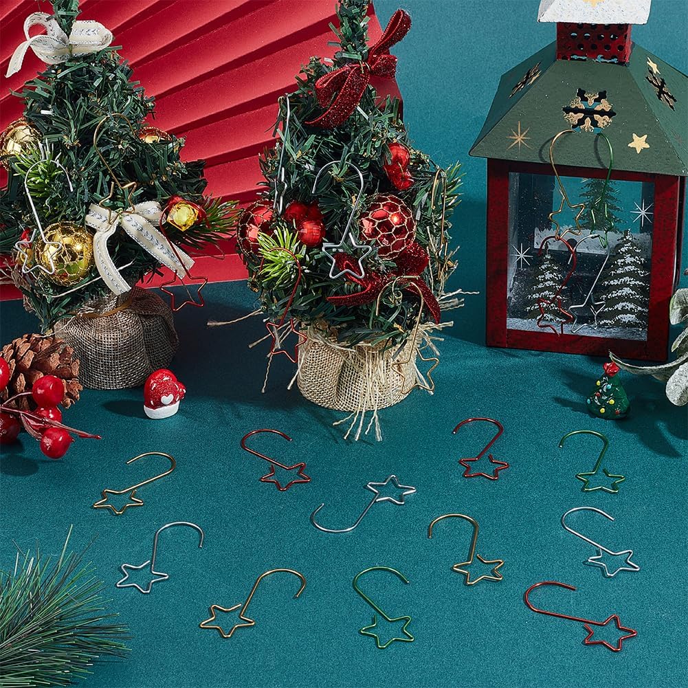 100Pcs Star Shape Christmas Ornament Hooks 4 Color Stainless Steel Hangers Christmas Tree Hook 2 Inch for Xmas Party Decoration Supplies Indoor Outdoor Gold Silver Red Green