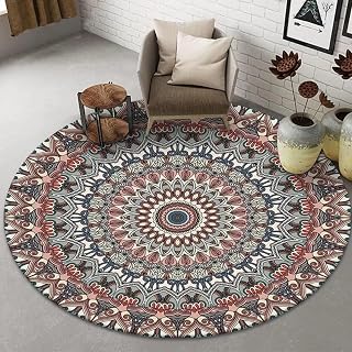 Runder Boho Mandala Teppich, Vintage Stil Orientteppich, Kurzflor Rundteppich, Waschbar & Rutschfest, Pflegeleicht für Fußbodenheizung Schlafzimmer, Bettvorleger & Kleine Leseecke, Ø 60 cm, A7