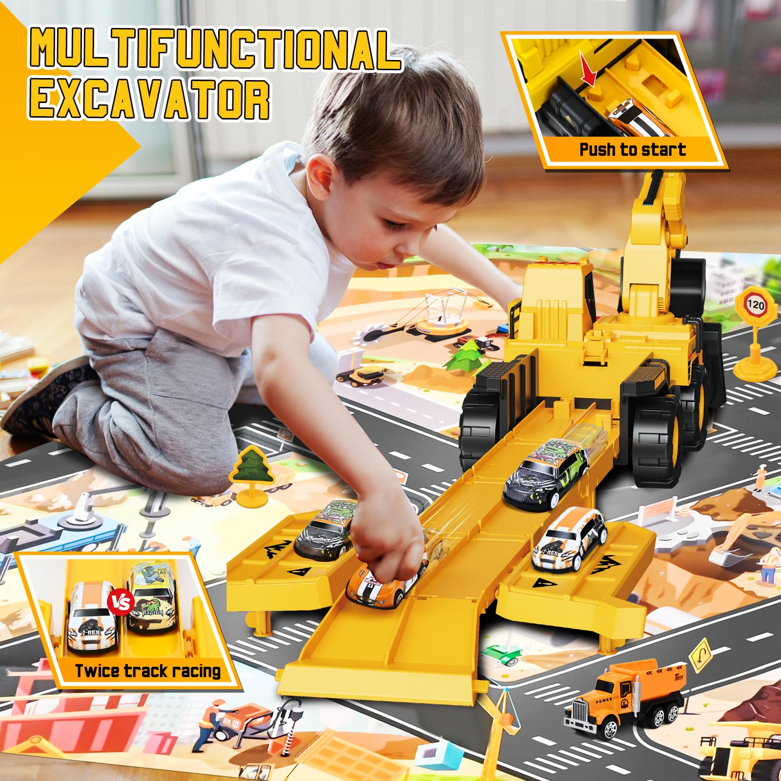 Joellfuner Vehículos de Construcción para Niños, Construcción Camión Vehículos de Juguete para Niños con Efectos de Música y Luces, Excavadora de Juguete Transformable Regalo para 4 5 6 7 8 9 + Años