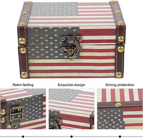 Miniatura 8 de Zerodeko Caja de joyería retro de madera, caja del tesoro de la bandera estadounidense de Estados Unidos, caja de tesoros de lata vintage, cajas de
