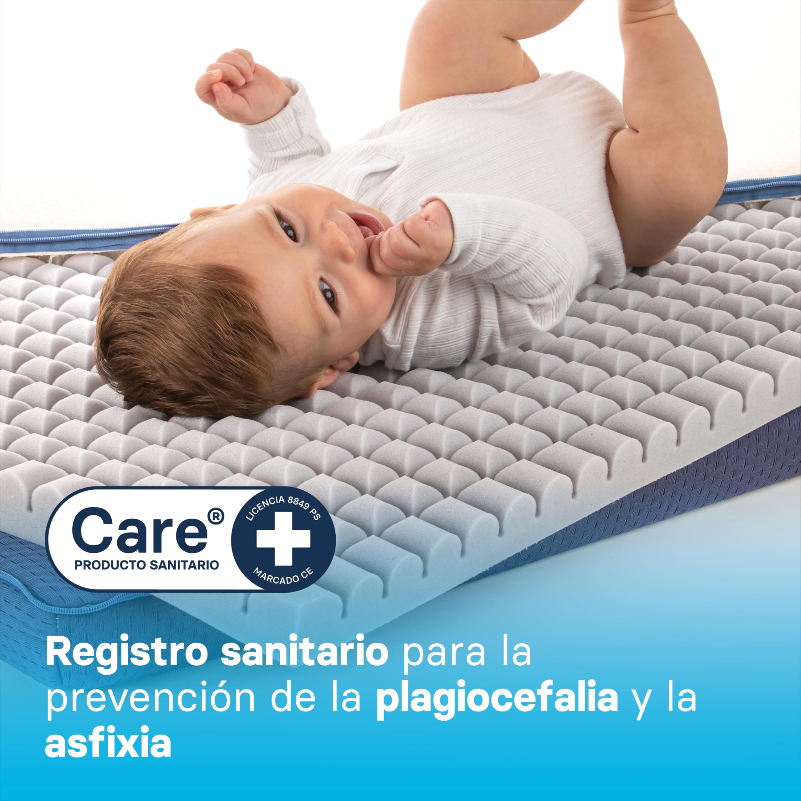 ECUS Kids Colchon Cuna 60x120 cm Modelo Care, Previene la Plagiocefalia. Certificado Sanitario. Colchón Bebé Desenfundable, Hipoalergénico y Transpirable con Altura de 12cm