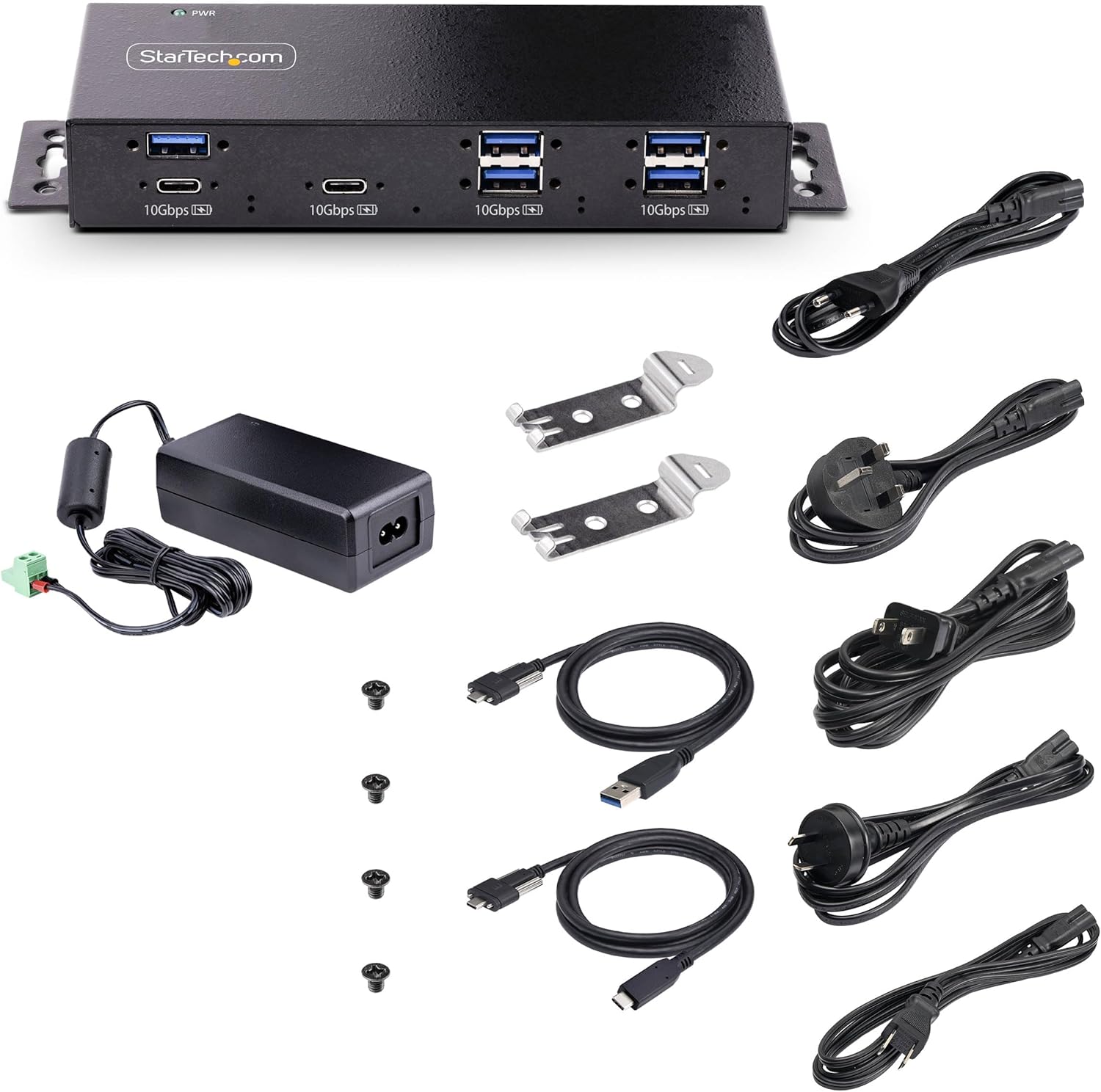 StarTech.com 7-Port Industrial USB 10Gbps Hub with Power Adapter, Metal, Mountable, 5X USB-A/2x USB-C Downstream Ports, TAA