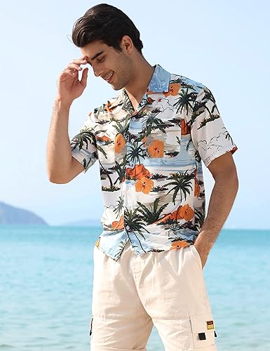 Miniatura 3 de ELETOP Camisa hawaiana para hombre, camisas de playa tropical, manga corta, Aloha floral, camisas con botones
