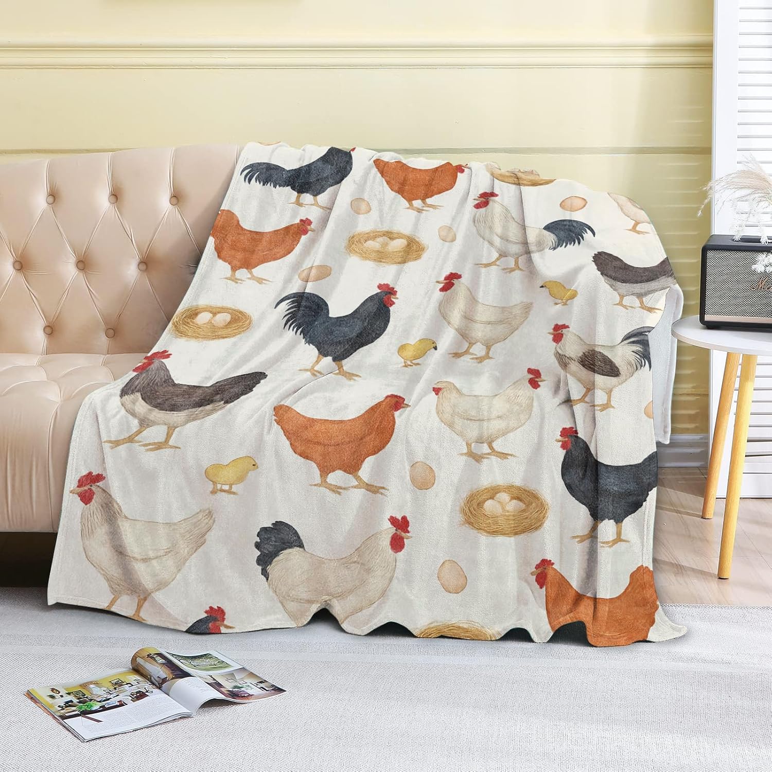 Rustic Chicken Fleece Blanket,50x60in,Vintage Country Rooster and Hen Egg Nest Throw Blankets,Soft Cozy Lightweight Throws for Bedroom Picnic Farmhouse Decor,Kids Farm Animal Lovers Gifts