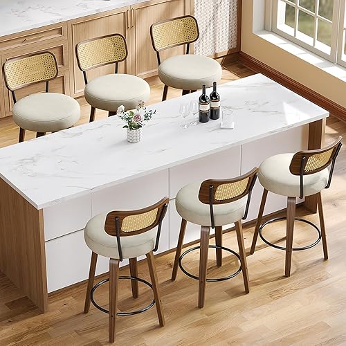 Miniatura 9 de Juego de 2 taburetes de bar giratorios de piel sintética de 26 pulgadas de altura de mostrador con respaldo de ratán y patas de madera curvada de