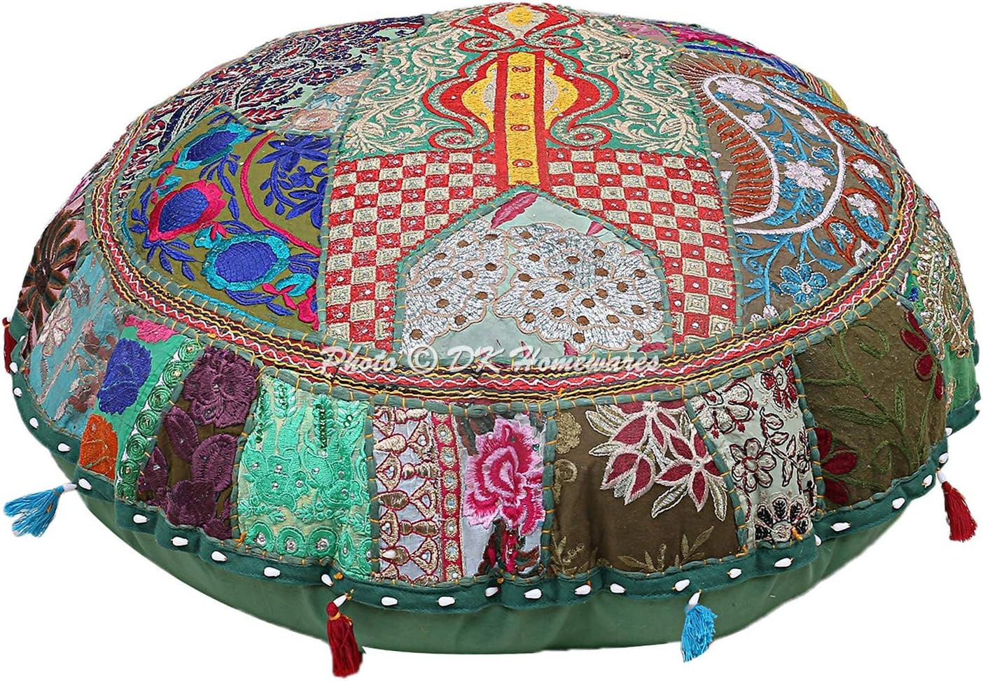 Round Traditional Floor Cushions Seating for Adults Dark Green 32 Inch Patchwork Living Room Pouf Ottoman Home Decor Embroidered Vintage Cotton Indian Floor Pillow Cover 80 cm