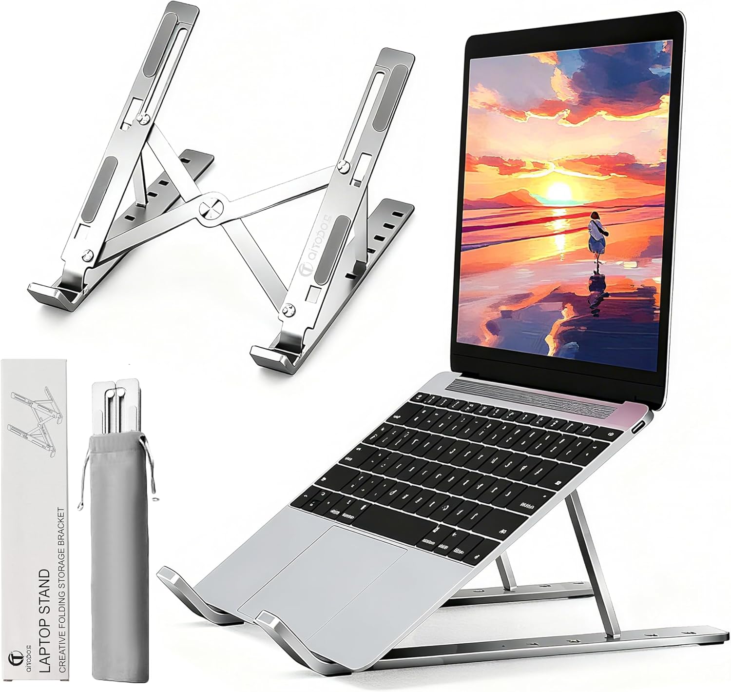 AiTodos® Support Ordinateur Portable, Alliage D'aluminium, Léger, Compact Portable Pliable - Ventilation et Dissipation de la Chaleur, Réglage à 6 Vitesses - Support pc Portable (Argent)