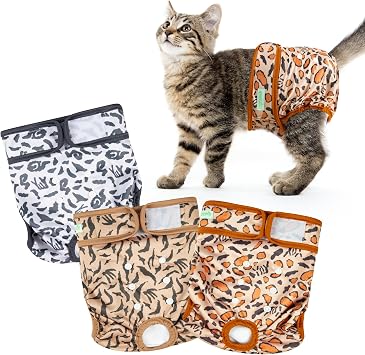 Wegreeco Cat Diapers, Cat Diapers for Male Female Cats Spraying Incontinence, Reusable Adjustable Highly Absorbent 3 Pack, Medium