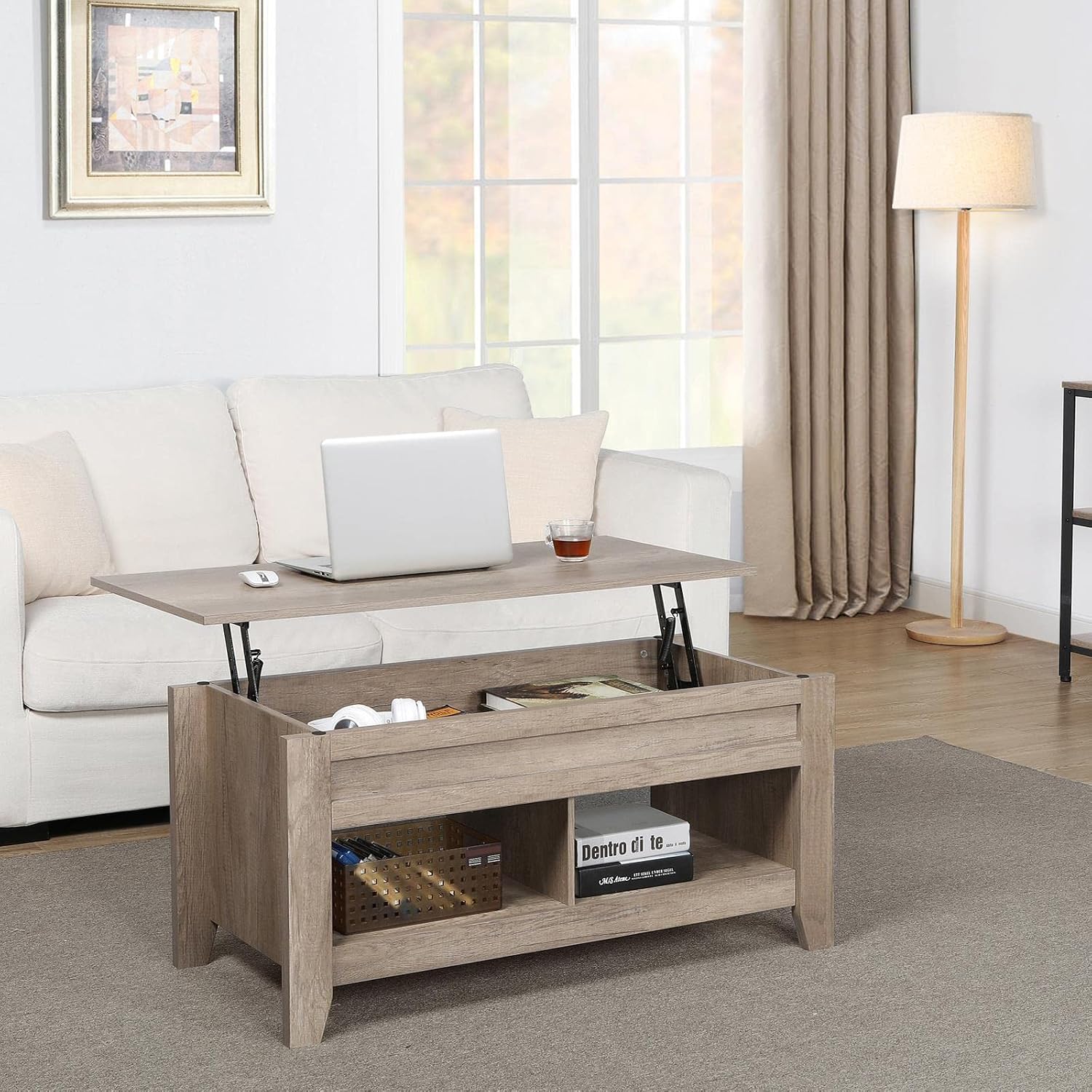Topeakmart Lift Top Coffee Table with Hidden Storage Compartment & Open Shelf, Lift Up Coffee Table, Farmhouse Center Table for Living Room, Gray