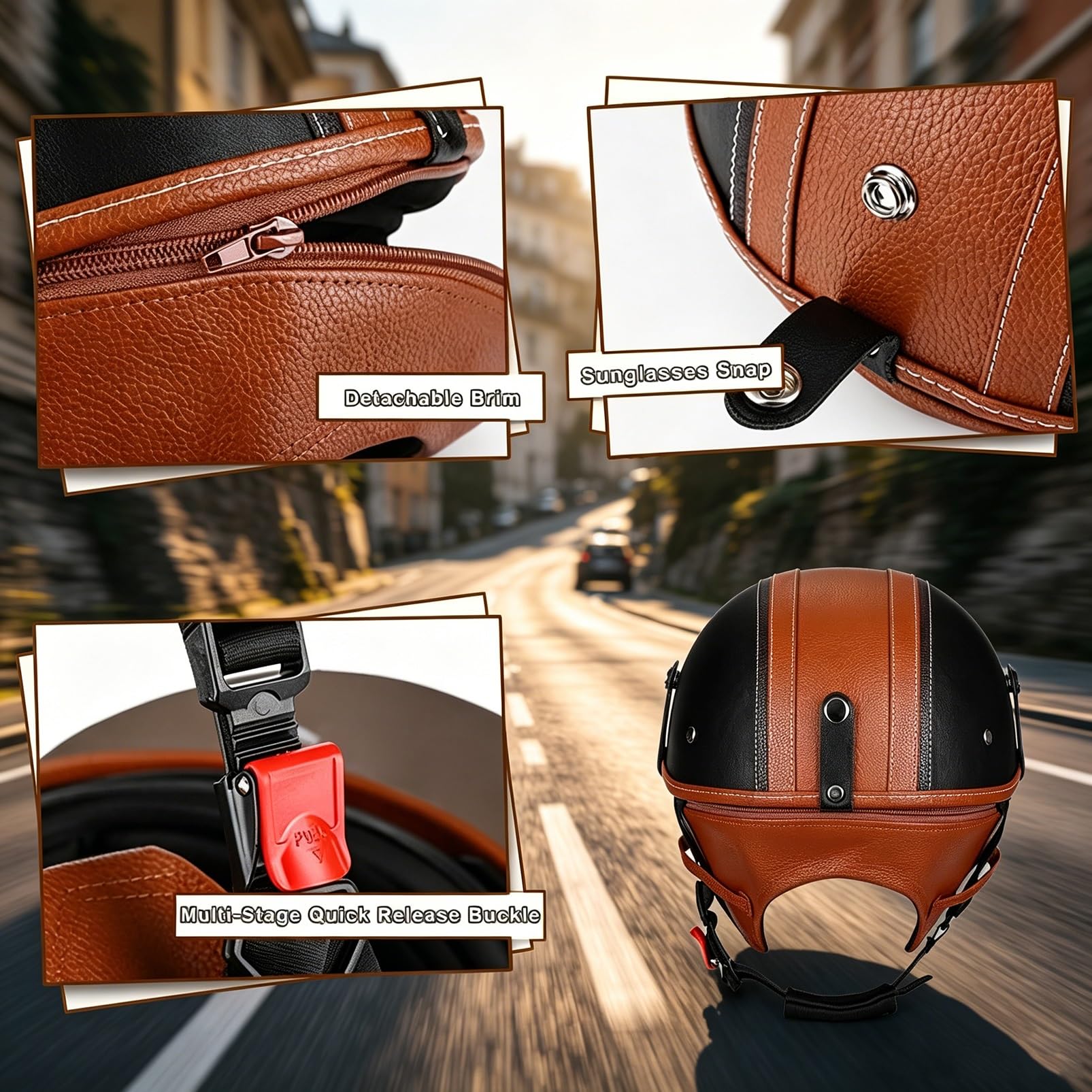 Casco Moto Jet Omologato ECE R22.06, Retrò 3/4 Vintage con Frontino Removibile per Uomo & Donna, DOT Legale su Strada per Scooter Moped Cruiser