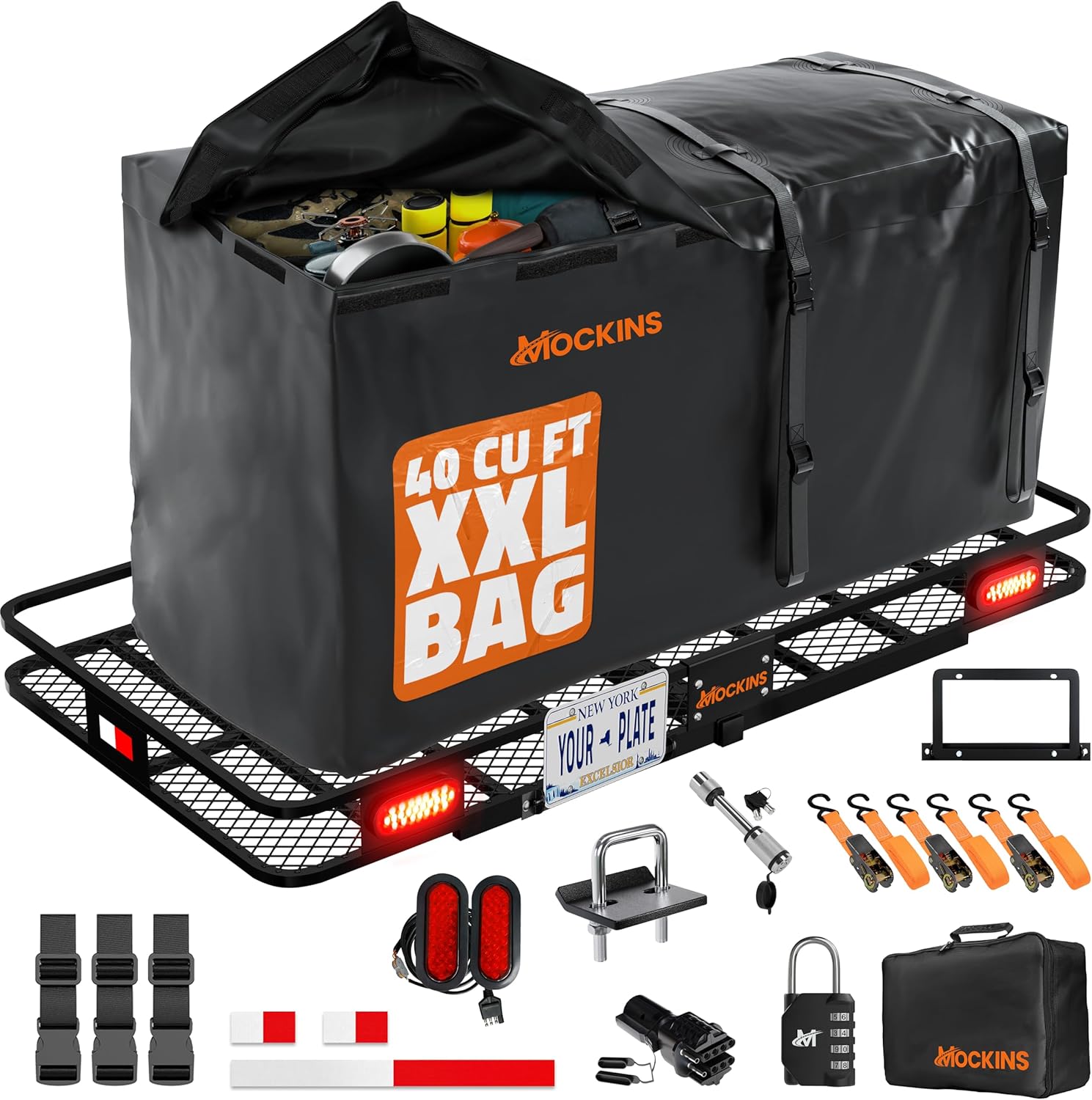 72"x36"x6" Folding Trailer Hitch Cargo Carrier w/Rear Lights & Mockins 40 Cubic Ft. Cargo Carrier Bag Bundle