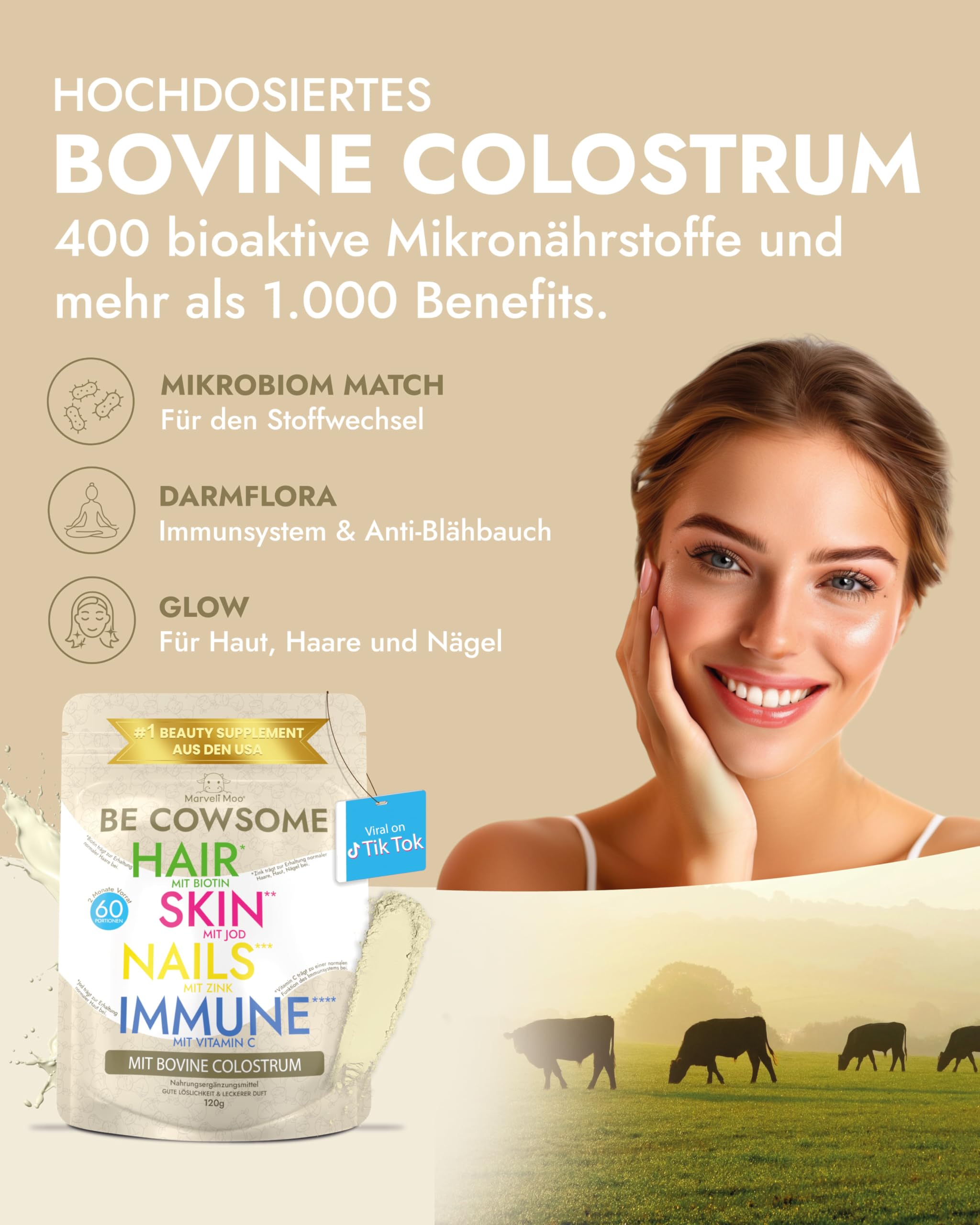 Colostrum Pulver – für Darmgesundheit & Immunsystem – mit Vitamin C, Biotin & Jod – 60 Portionen für 2 Monate – geschmacksneutral