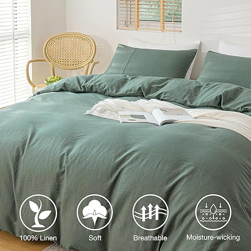 Miniatura 3 de Funda de edredón 100% de lino, tamaño Queen, lino francés natural puro, suave, cómodo, transpirable, duradero, juego de ropa de cama de 3 piezas con