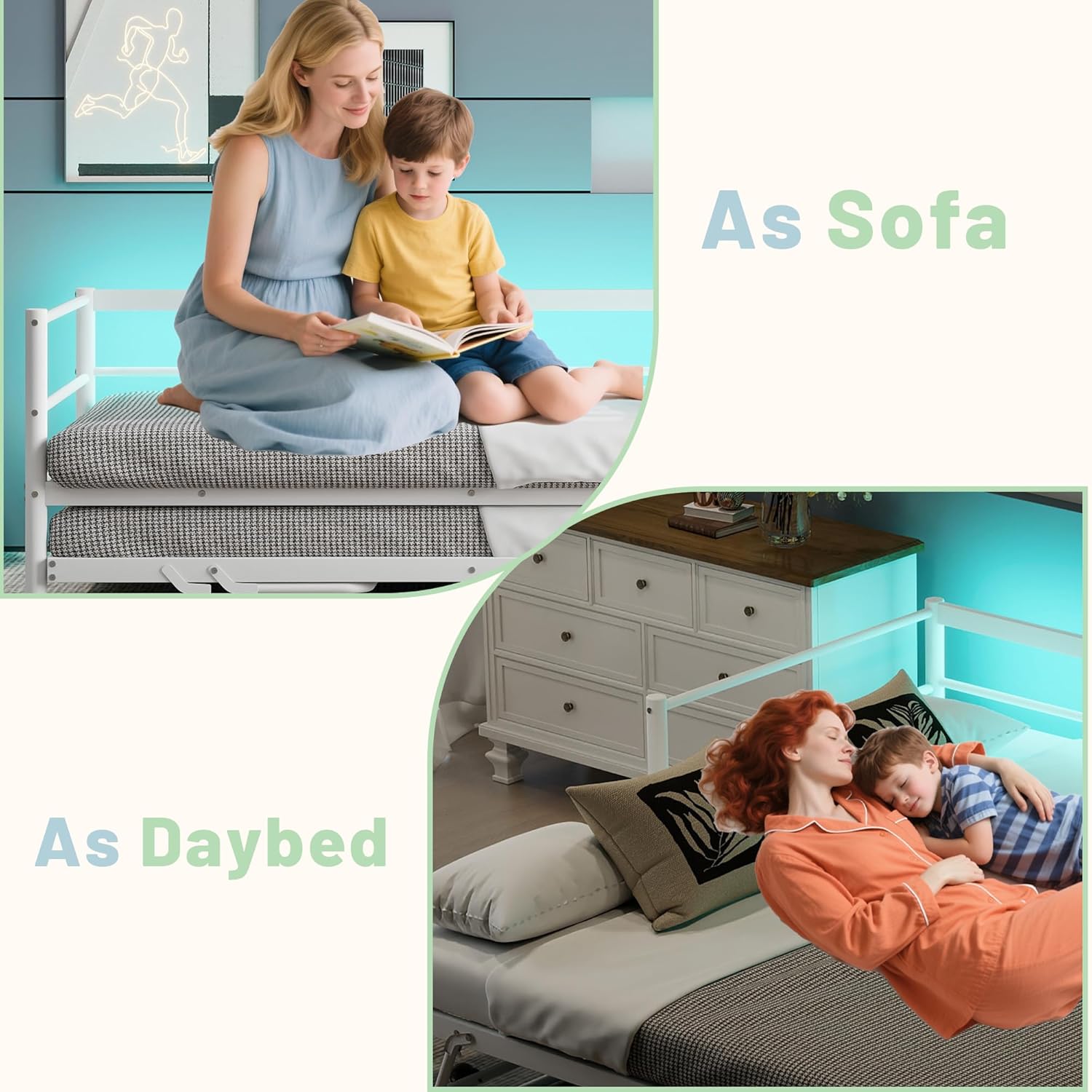 Twin Size Daybed with Pop Up Trundle, Metal Day Bed Frame with LED Lights, Sofa Beds Twin for Kids & Teens, No Box Spring Required, White