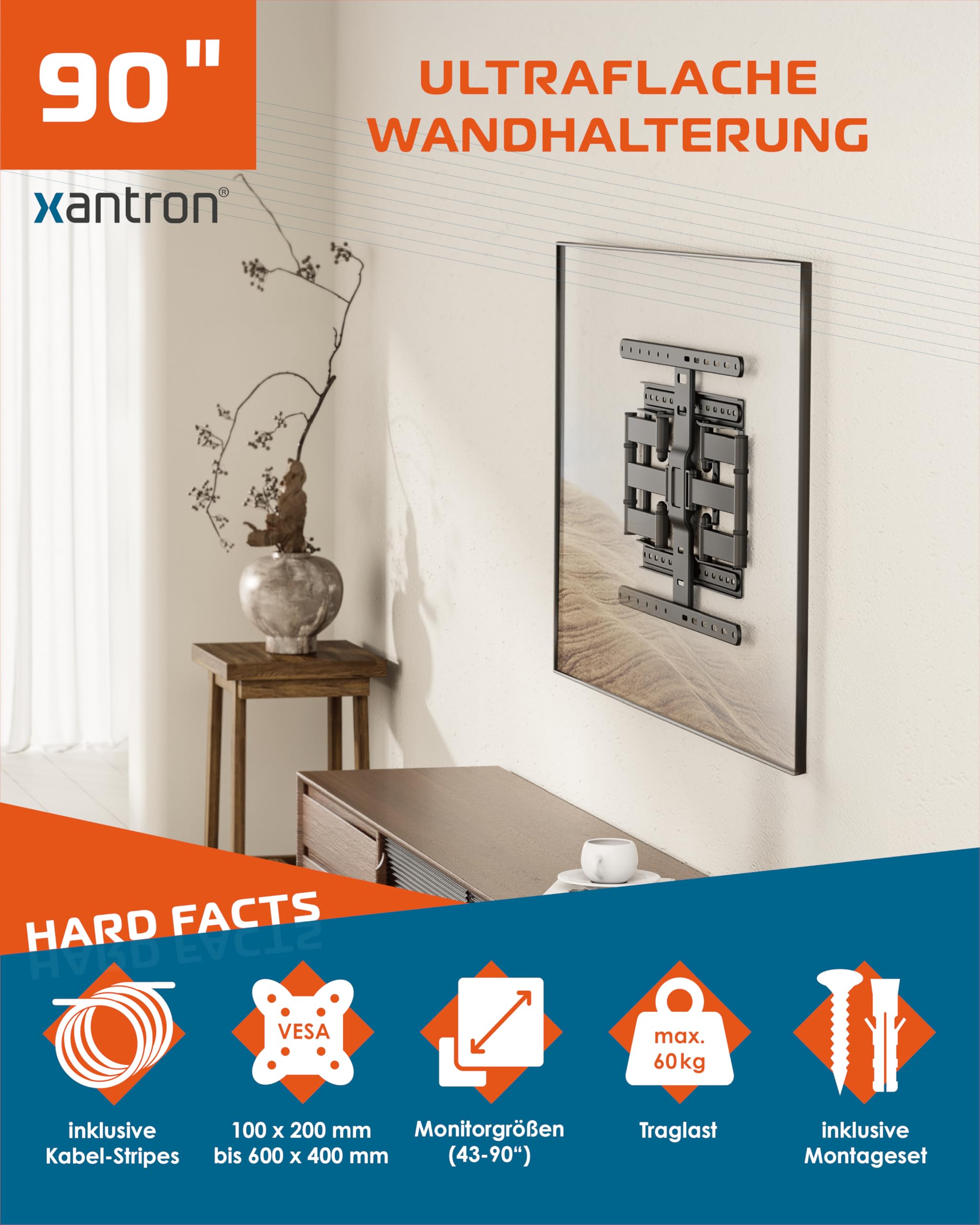 Xantron Slim Fit TV Wandhalterung Schwenkbar inkl. Zubehör - nur 27mm Wand-Abstand - 43-90 Zoll & VESA bis 600×400 - Ultra Slim TV Halterung bis 75kg - SLIMLINE-466US