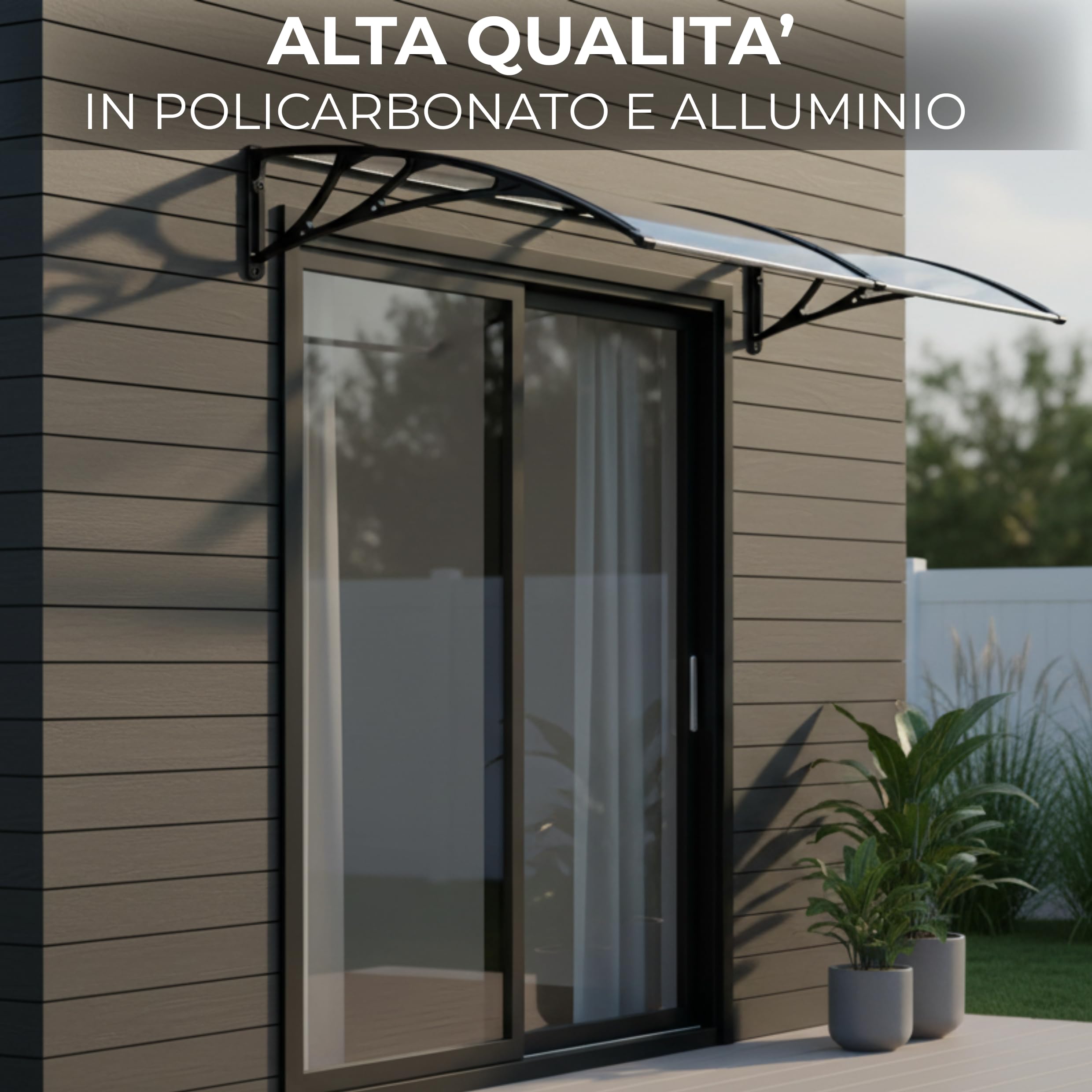 Pensilina Tettoia in Vetro Policarbonato Trasparente Fornita con Kit Completo Mensole Sostegno in ABS e Profili Longitudinali Color Alluminio Multiuso Ideale per Porte Finestre (100x80 cm)