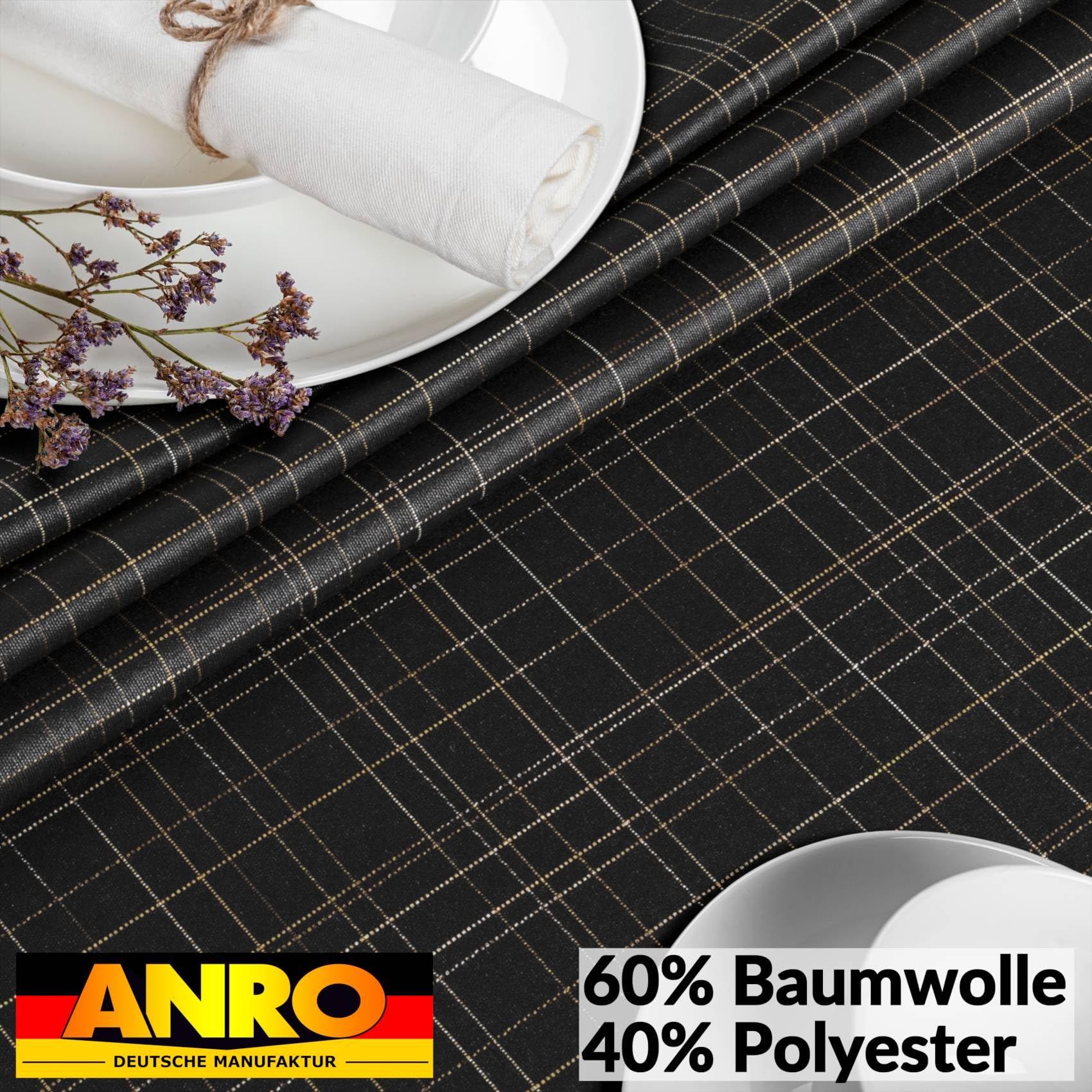 ANRO Mantel de Tela, Mantel Lavable con Revestimiento de teflón, Mantel con Efecto de Loto de fácil Cuidado, Repelente a la Suciedad y al Agua, Roma a Rayas 400x140cm con Dobladillo (con Bordes) negr