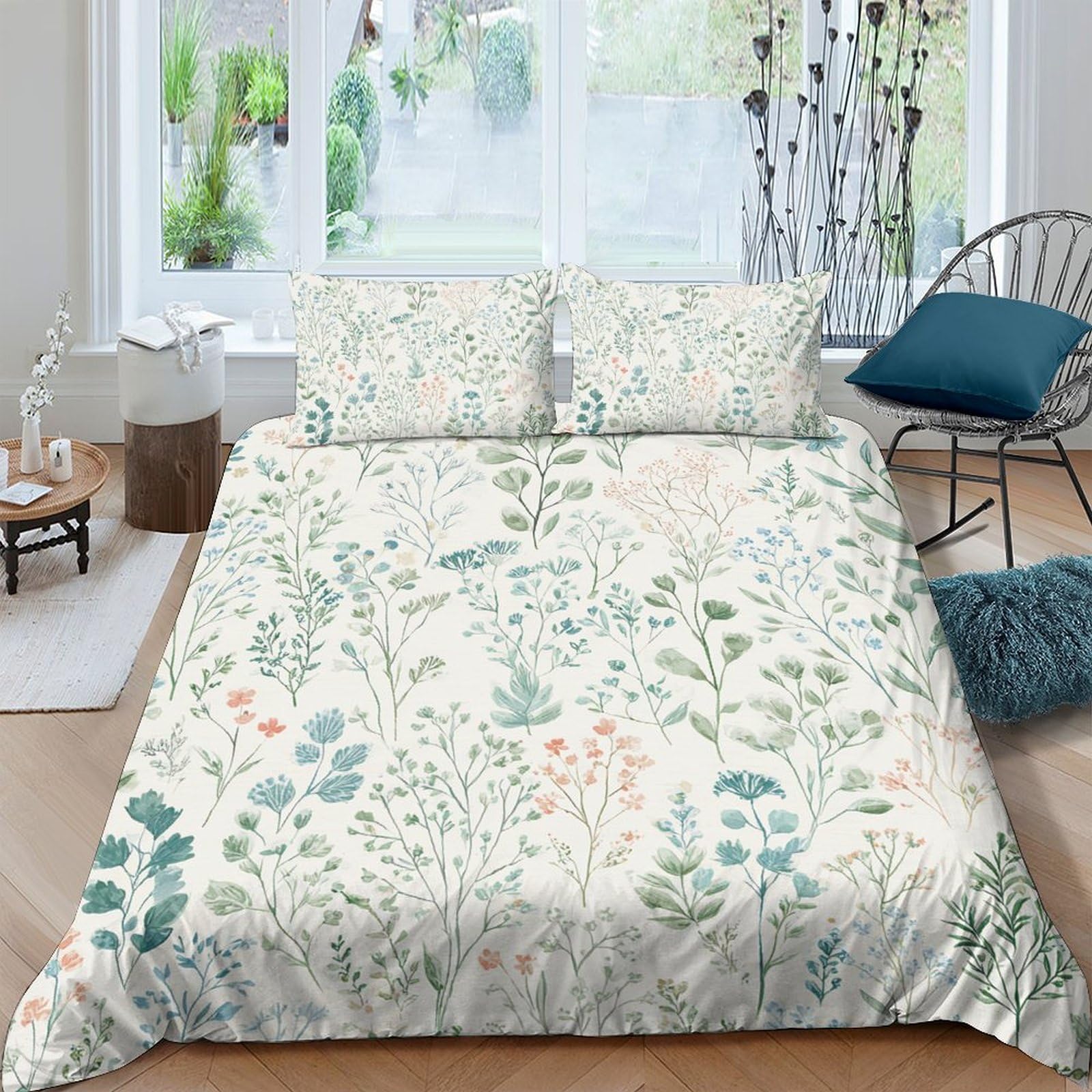 TUFRTGYHN 3D Printed Botanical Floral Duvet Cover Microfiber Soft Breathable Green Leaf Bedding Set with 2 Pillowcases for Bedroom Decor Single（135x200cm）