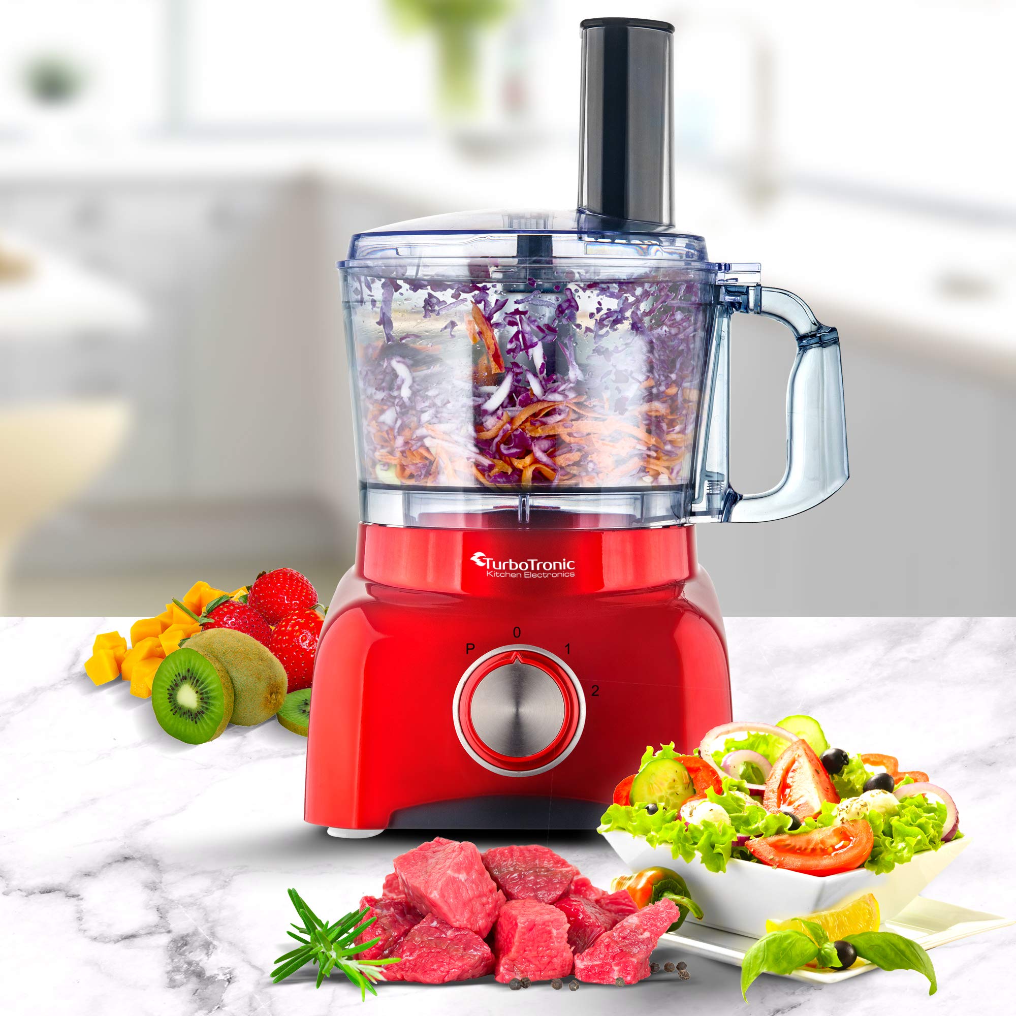 TurboTronic Food Processor 1,2L schwarz, rot, Küchenmaschine mit Mixaufsatz, Raspelscheiben, Zitruspressenaufsatz