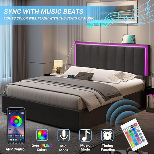 Miniatura 4 de DICTAC Base de cama LED Queen con 4 cajones de almacenamiento y 2 puertos USB moderna plataforma tapizada con almacenamiento y cabecera LED W 3