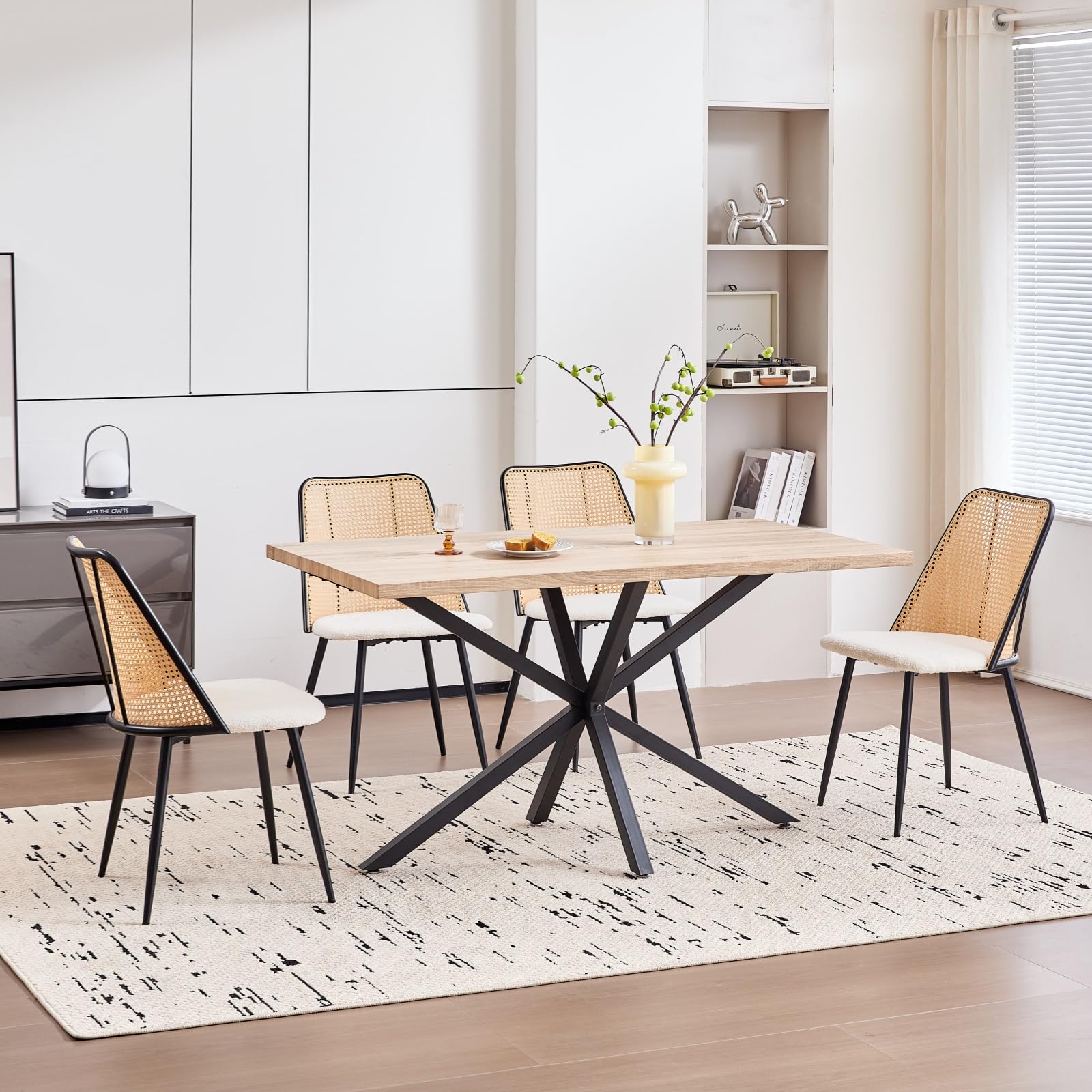 Juego de 8 Sillas de Comedor Modernas, Respaldo Tejido de Ratán, Asiento de Felpa Granulada, Estructura de Metal Negro, se Puede Usar como Silla de Cocina, Silla de Sala de Estar