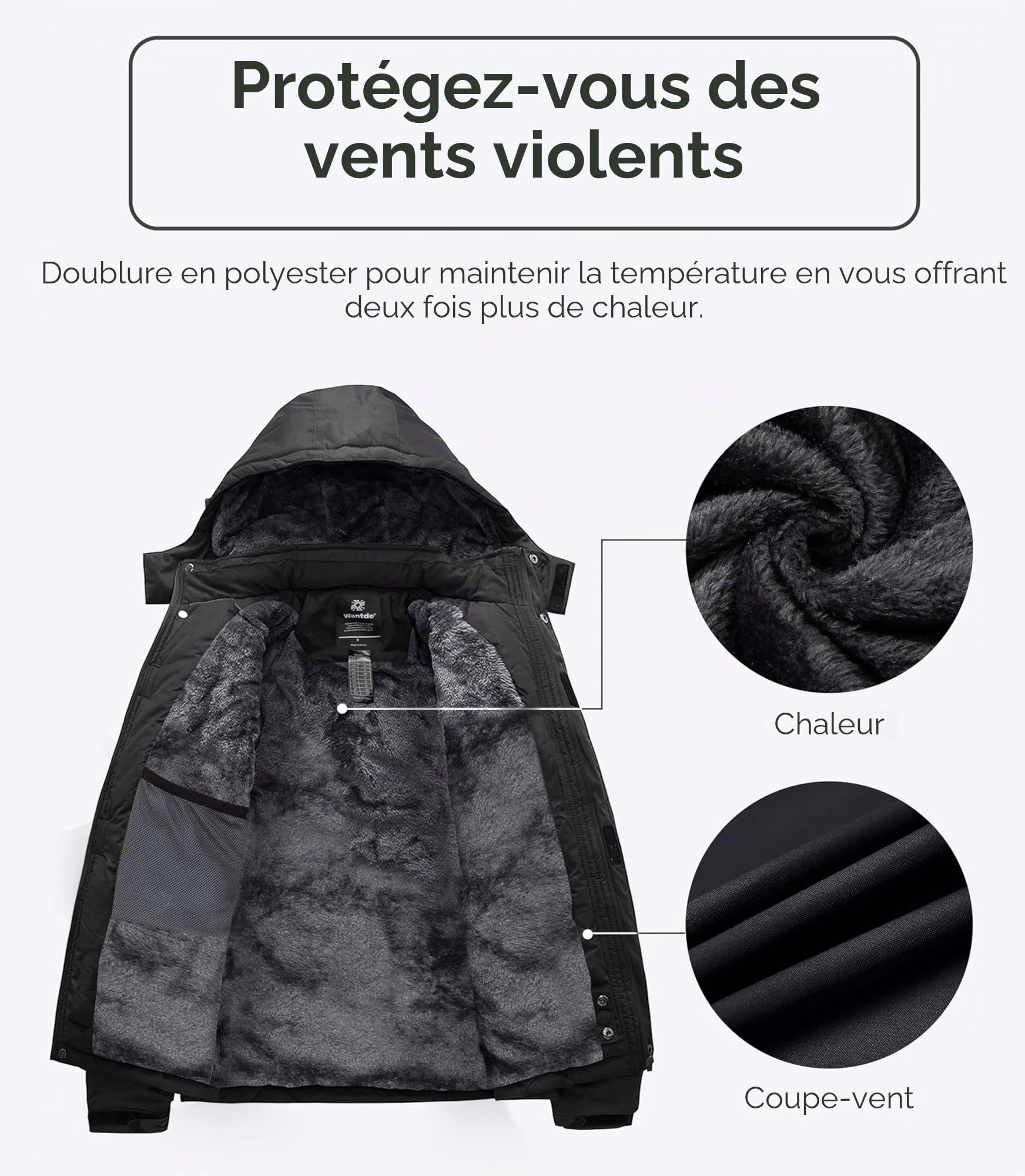 Wantdo Homme Veste de Ski Montagne Outdoor Manteau d'hiver Chaud avec Capuche Amovible Veste Imperméable Coupe-Vent Veste Randonnée pour Voyage