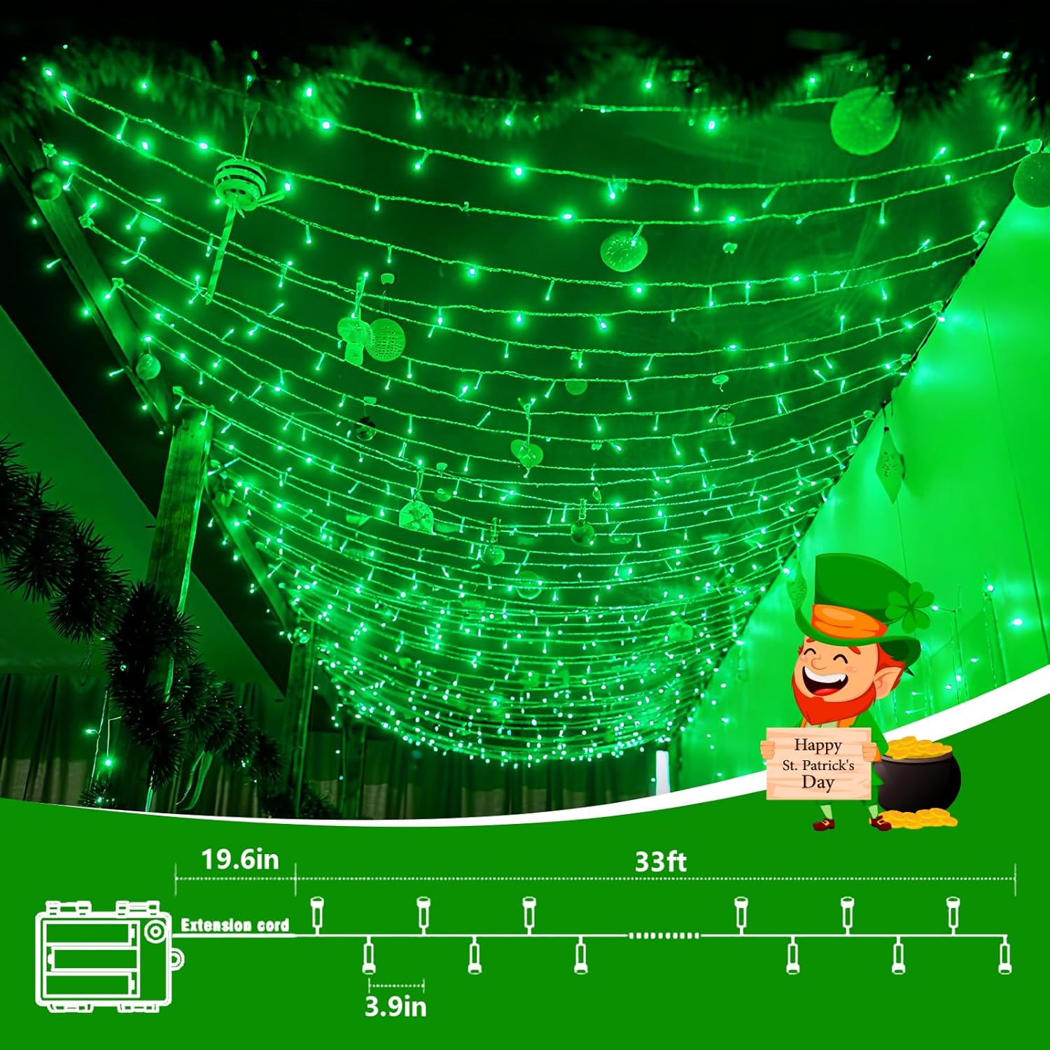 QITONG 2 Pack St. Patricks String Lights Battery Operated, Each 33ft 100 LED Green Christmas Lights Outdoor Waterproof, 8 Modes Clear Wire Twinkle Fairy Lights Indoor with Remote - Image 2