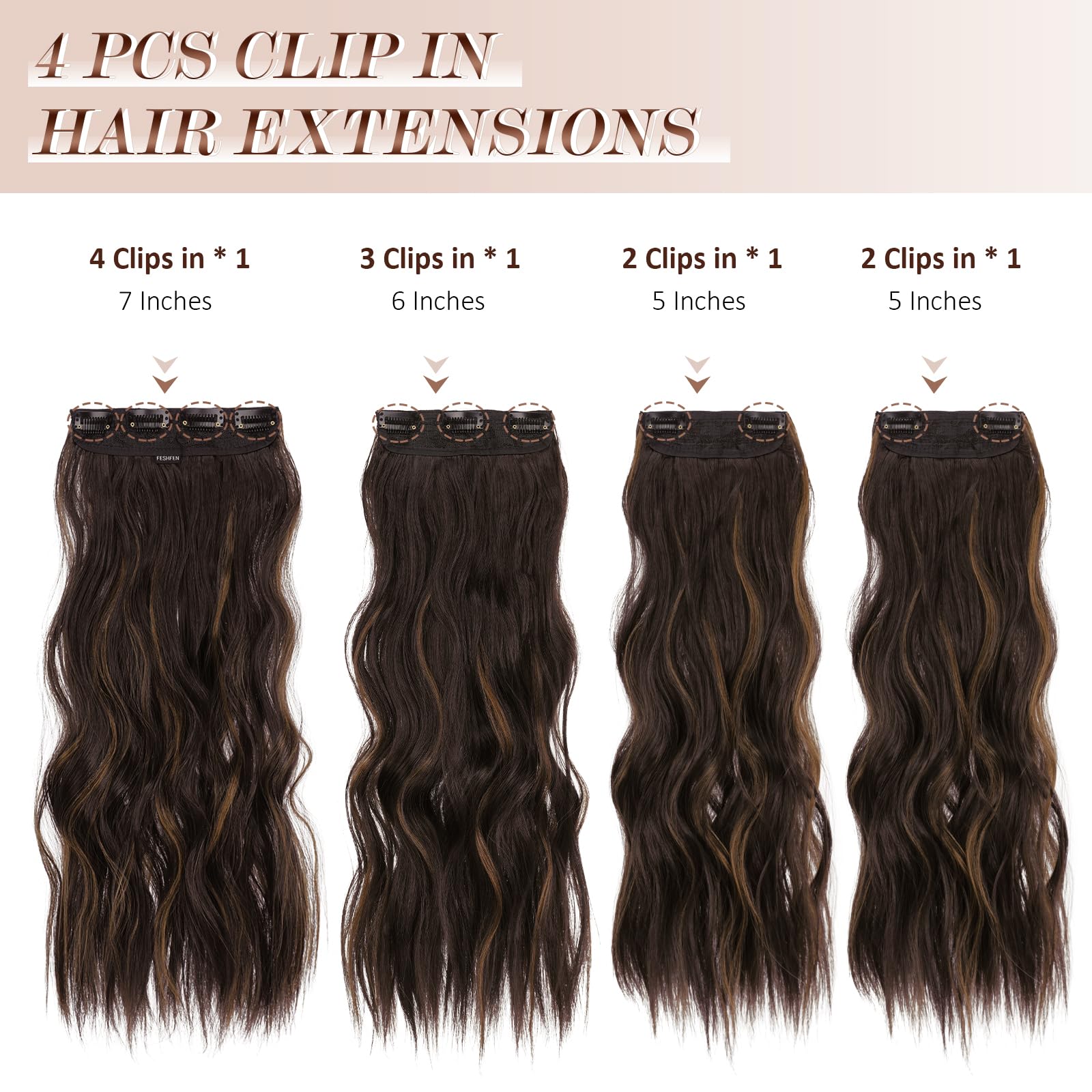 FESHFEN Clip in Hair Extensions 4PCS Black Brown Mixed Light Brown Thick Hair Piece Long Wavy Clip in Extensions Full Head Synthetic Fiber Hairpieces for Women 20 Inch 180g - Image 2