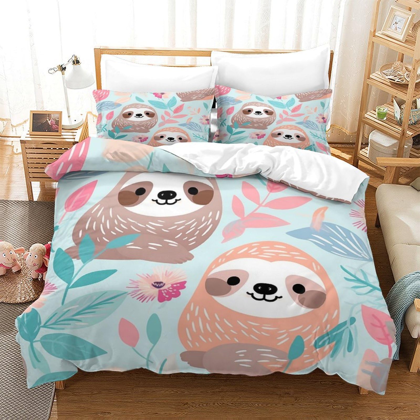 P1S9U7W5Y Charming Sloth 3D Printed Duvet Cover Set 3pcs Microfiber Sloth Bedding Set Double