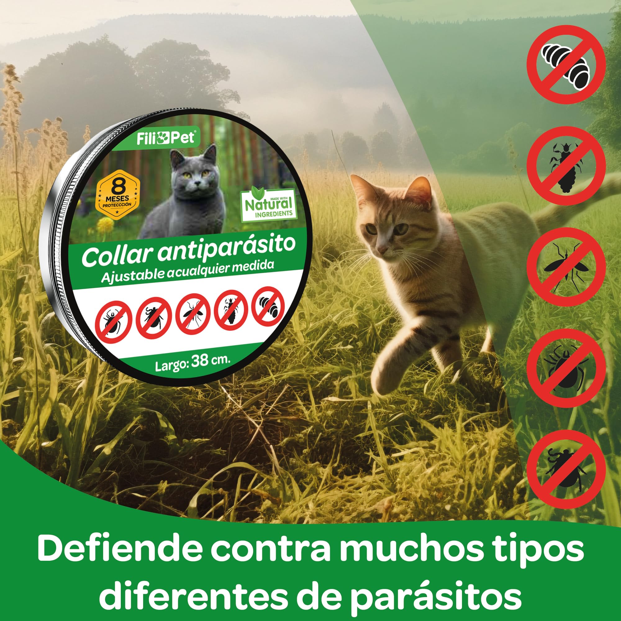 Collar Antiparasitario para Gato en, 8 Meses de Protección, Eficaz contra Pulgas, Garrapatas, Mosquitos y Piojos, Resistente al Agua, 38 cm de Largo, Ajustable (Amarillo)
