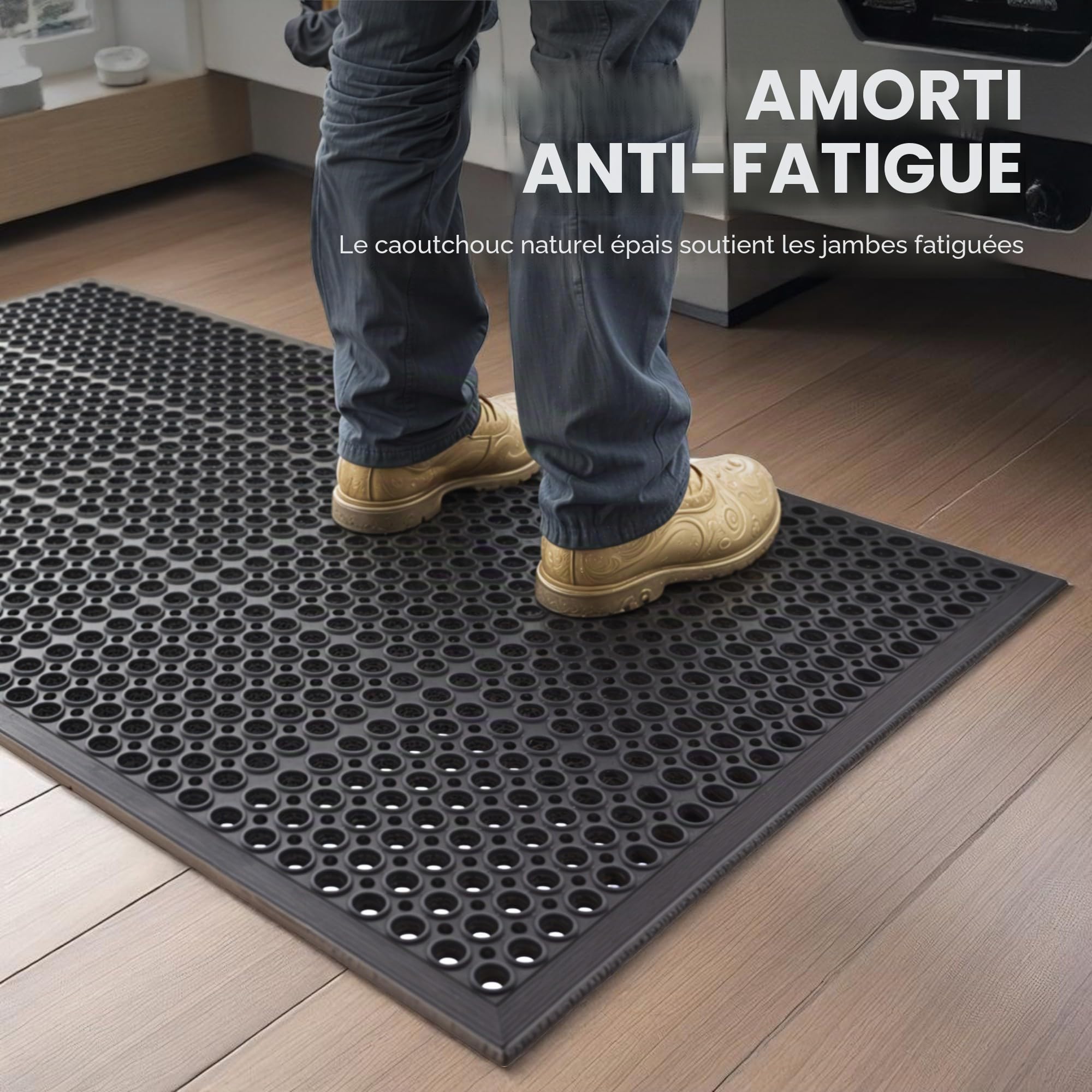 Tapis de sol en caoutchouc anti-fatigue – 12 mm d'épaisseur, 150 x 90 cm – Tapis de drainage antidérapant pour cuisine, garage, atelier ou usage commercial – Tapis confortable lavable et résistant