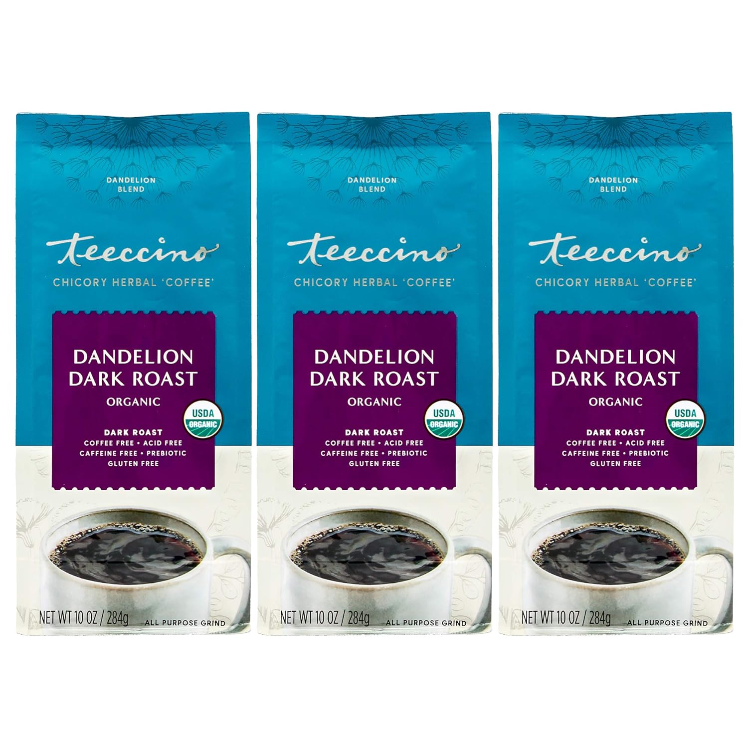 Teeccino Dandelion Dark Roast Herbal Coffee - Caffeine-Free Coffee Alternative with Prebiotics, Gluten Free, Acid Free, Organic - 10 oz (Pack of 3)