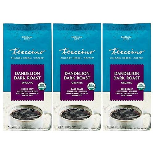 Teeccino Dandelion Herbal Coffee Alternative - Dark Roast - Sustituto de café molido raíz de diente de león orgánico prebiótico libre de cafeína sin