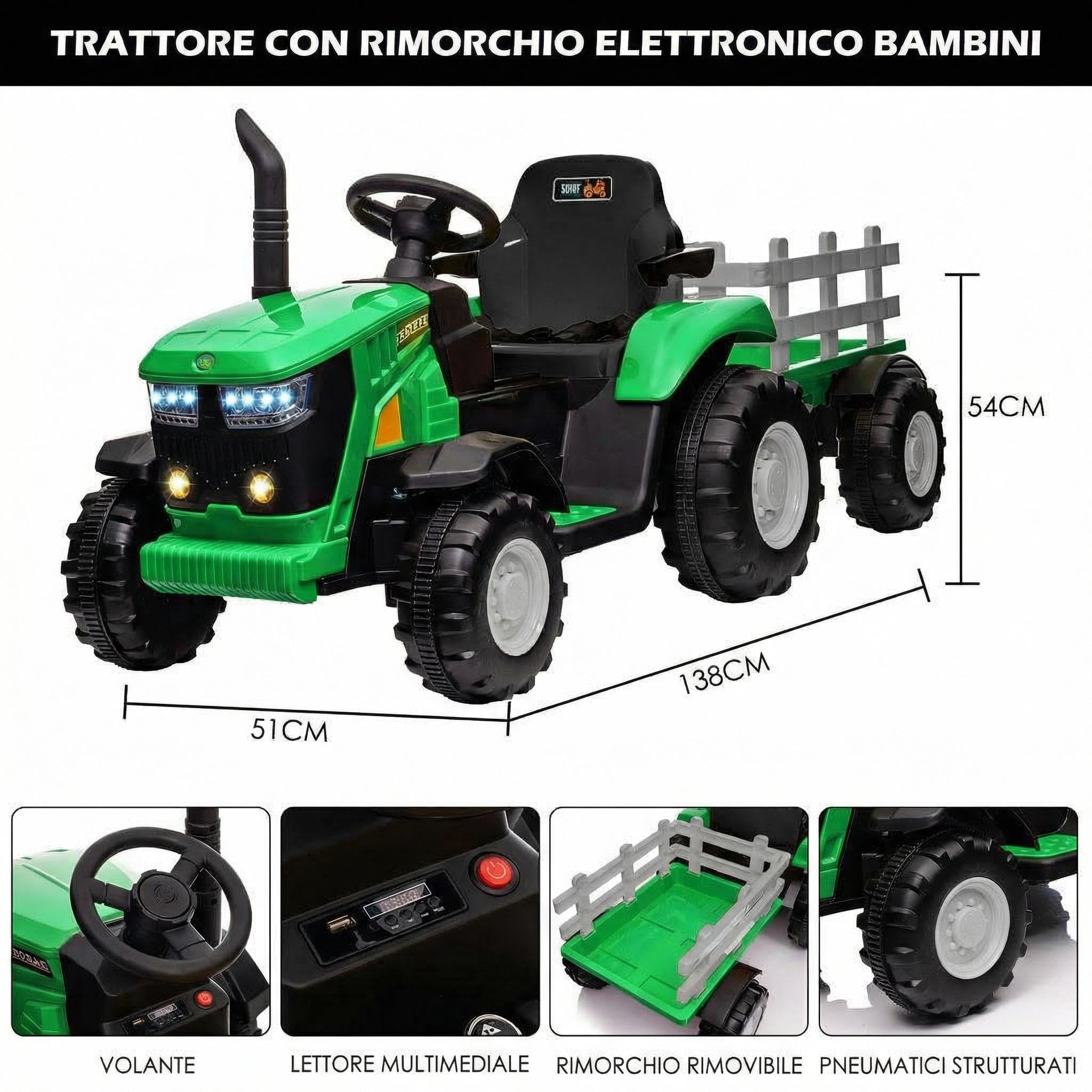 Garvee Trattore Elettrico per Bambini, Batteria 12V con Telecomando, Trattore con Rimorchio e Doppio Motore, Bluetooth/USB, Cambio a 3 Marce, Luci a 7 LED(Verde)