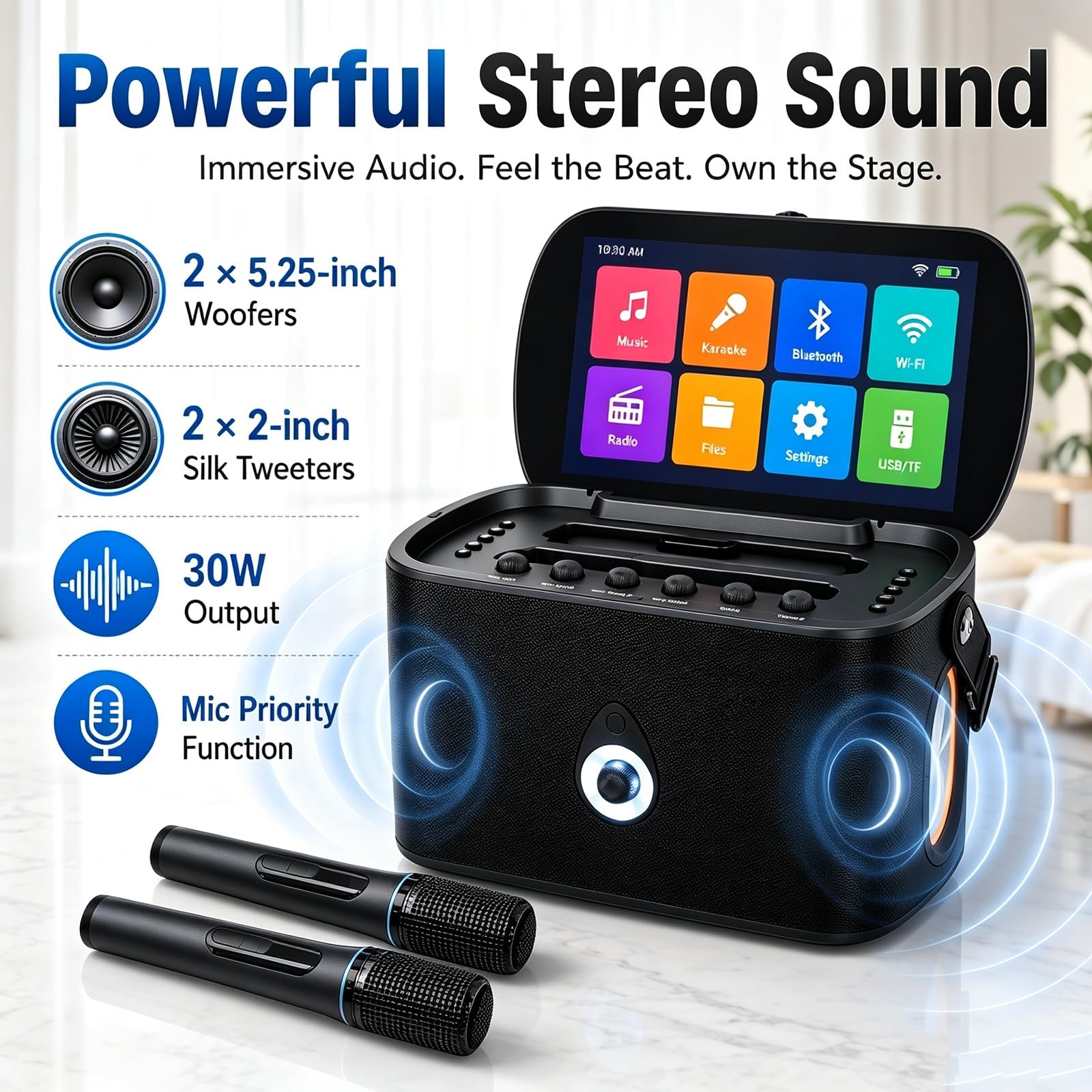 Máquina de Karaoke for Adultos, Máquinas de Karaokes Portátiles | 2 micrófonos inalámbricos de carga automática, aplicación de Karaoke, altavoz de 30 W, se conecta a la TV for fiestas en casa