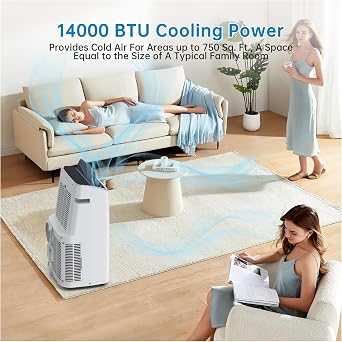 14,000 BTU Portable Air Conditioner, Cools up to 700 Sq. Ft. 3-in-1 Portable AC w/Fan & Dehumidifier w/Remote Control, 24-Hour Timer, 3-Speed Air/Nightlight