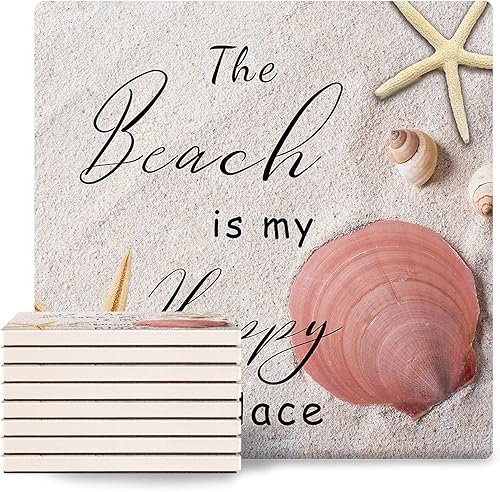 Miniatura 7 de Coasters Set of 6 Ceramic Stone Coasters Drink Coasters, The Beach is My Happy Place Summer Seaside Absorbent Non Slip Decorative Coasters for