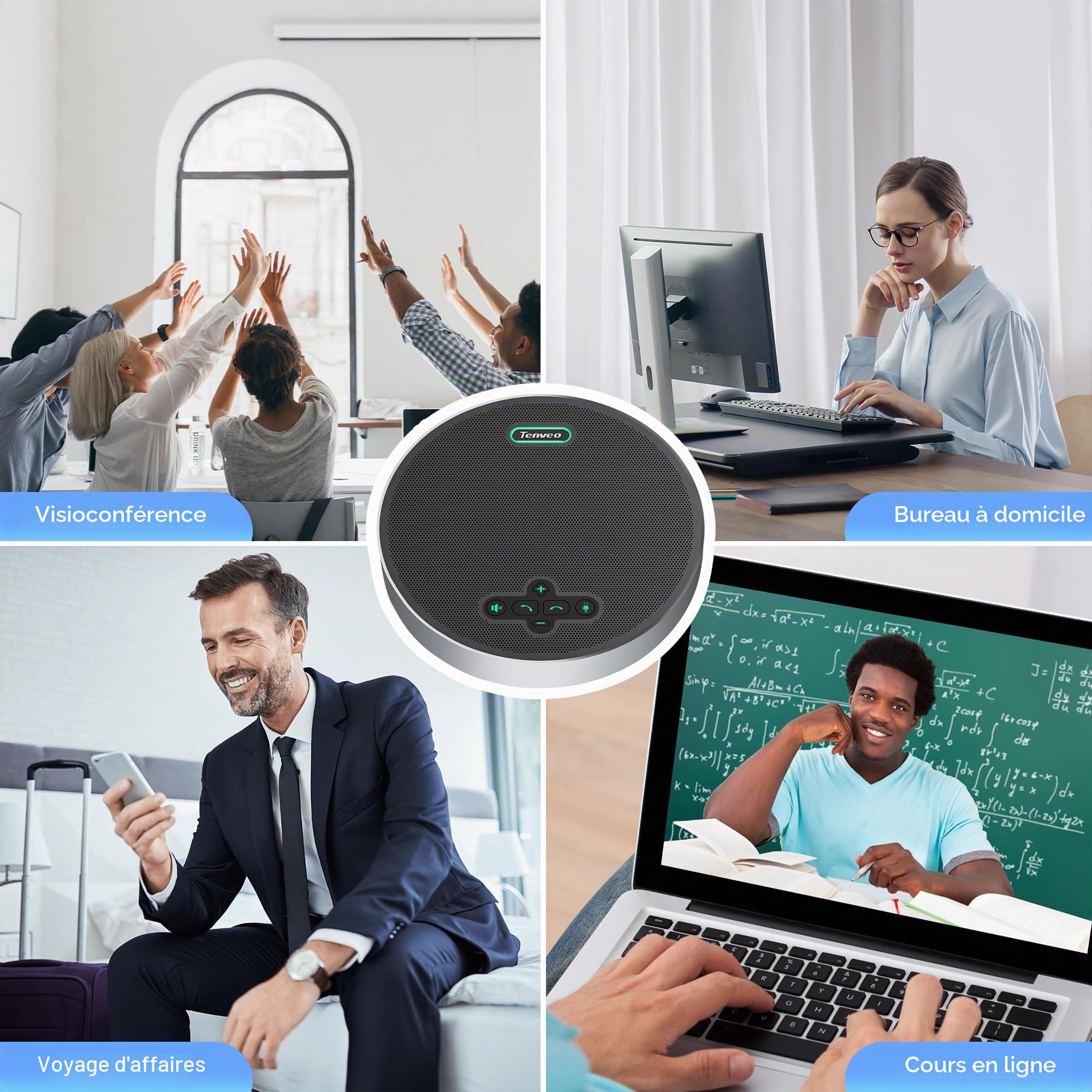 Tenveo Haut-Parleur de Conférence Bluetooth sans Fil, 8 Micros Omnidirectionnels 360°, Portée 6m, 18H Autonomie, Microphone de Réunion USB pour 15 Personnes, Compatible Zoom/Teams/PC