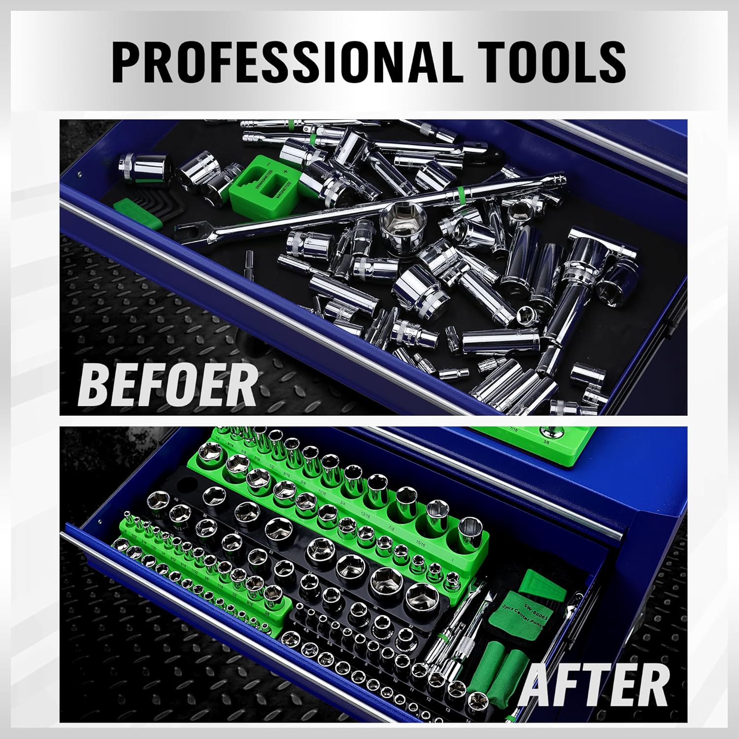 Magnetic Socket Organizer Set, 6-piece 1/4", 3/8", 1/2" SAE & Metric Sockets Holder, Drive Socket Trays, Storage Tool Box, Holding 143 Slots, Soft Rubber Covering Black Green Tools - Image 7