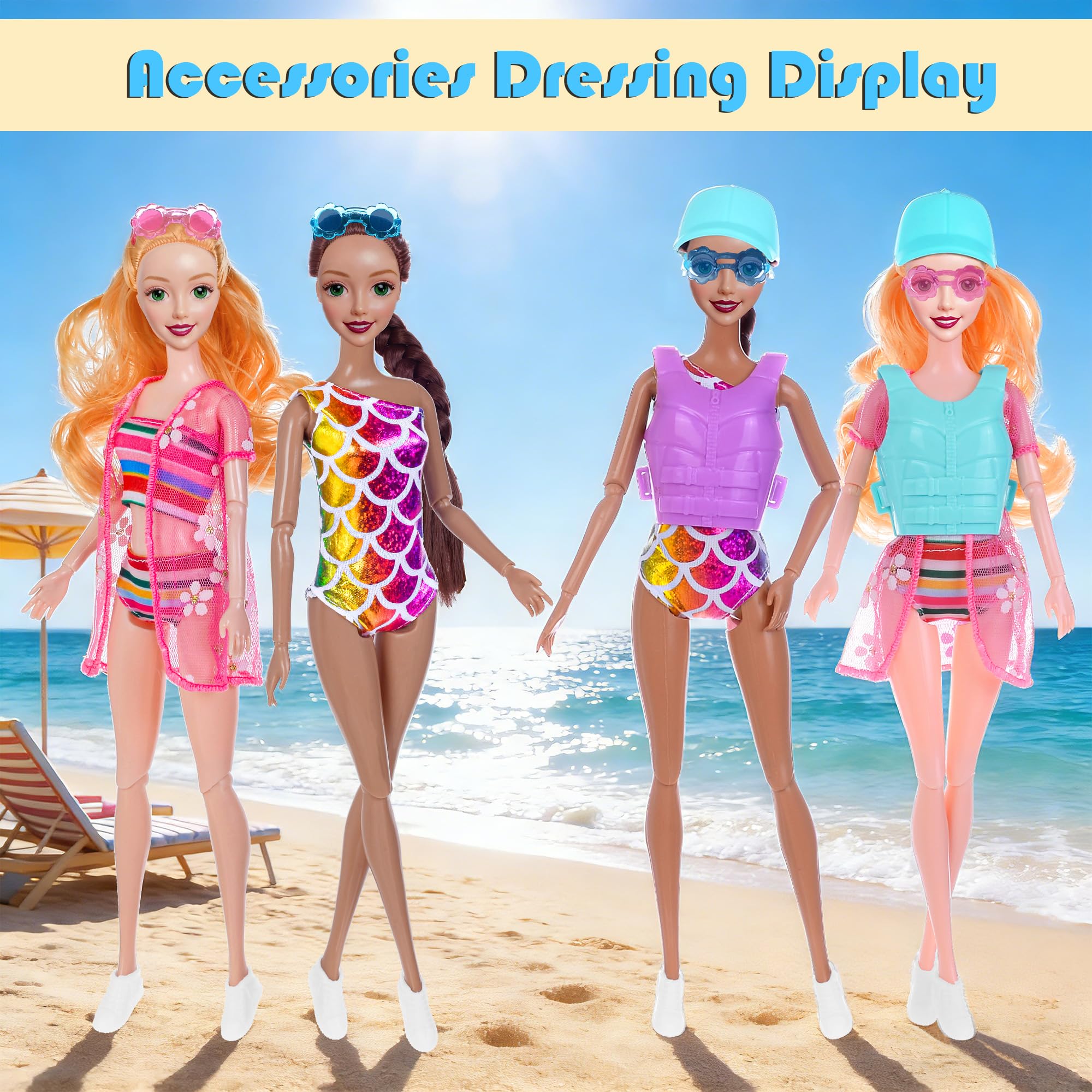 dollbie 11,5 Zoll Modepuppen und Boot Spielset - 3 Puppen mit Badebekleidung, Schwimmwesten, Zubehör, Haustier Welpe und Delfin Spielzeug - Sommer Strand Abenteuer Geschenkset für Mädchen