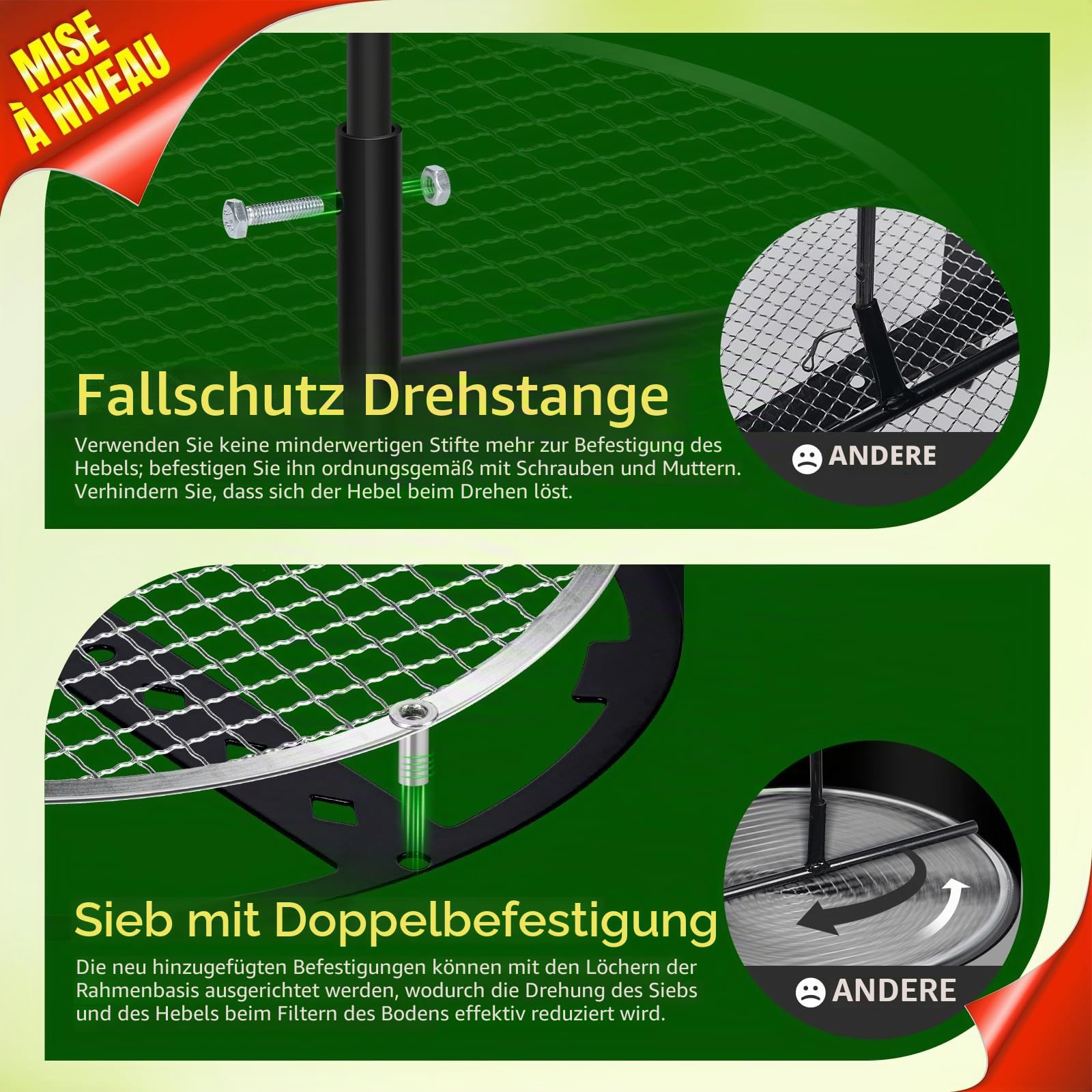 Manueler rotierender verbesserter Gartensieb, Kompostsieb, 13 Zoll Maschenfilter mit 4 austauschbaren Sieben (3/6/9/12 mm), Gartensieb, modernes rotierendes Gartensieb